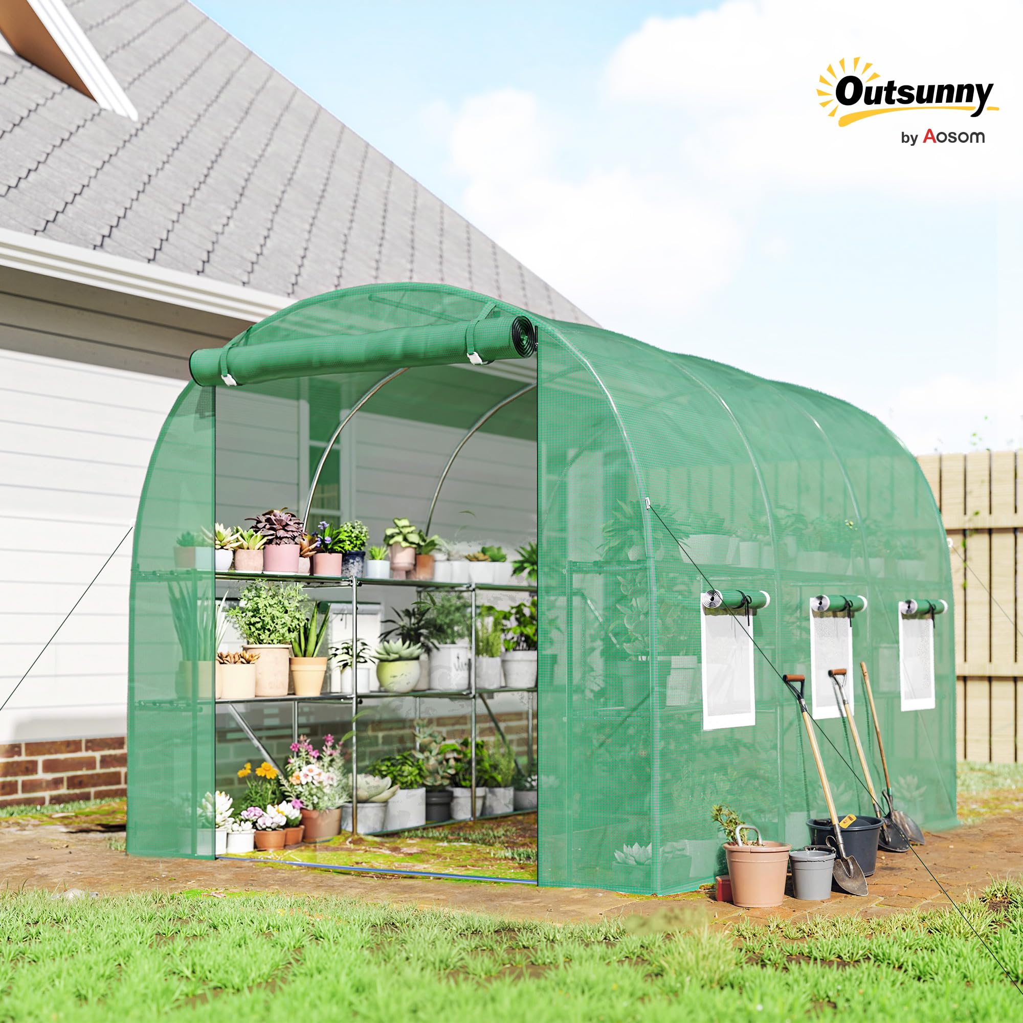 Outsunny Invernadero de Exterior 2,8x2x1,9 m con Estantes, Invernadero de Túnel con Puerta Enrollable, 6 Ventanas de Malla, Cubierta PE y Marco de Acero Galvanizado, Anti-UV, Impermeable, Verde