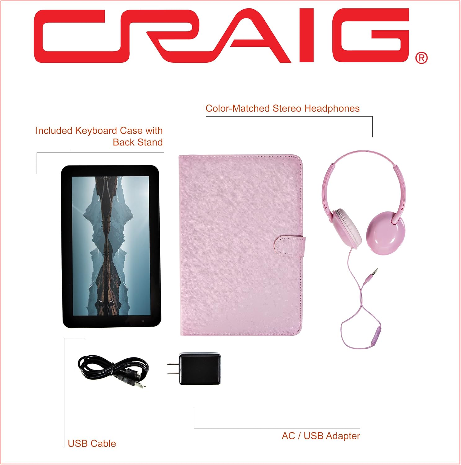Included accessories for the Craig CMP840 tablet: tablet, pink keyboard case, pink headphones, USB cable, and AC/USB adapter.