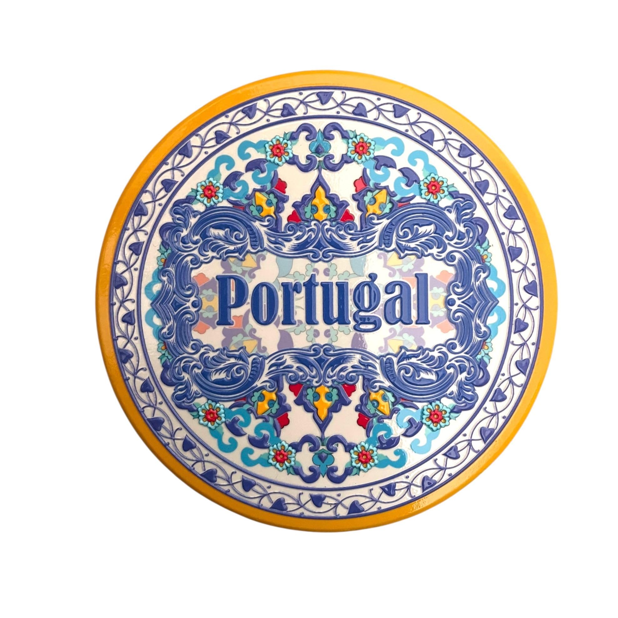 Portugal Ceramic Coasters with Cork Base Heat Resistant - Coasters with Embedded Portugese Monuments & Multi Tiles Exclusive Edition Made in Portugal (Round) (Yellow)