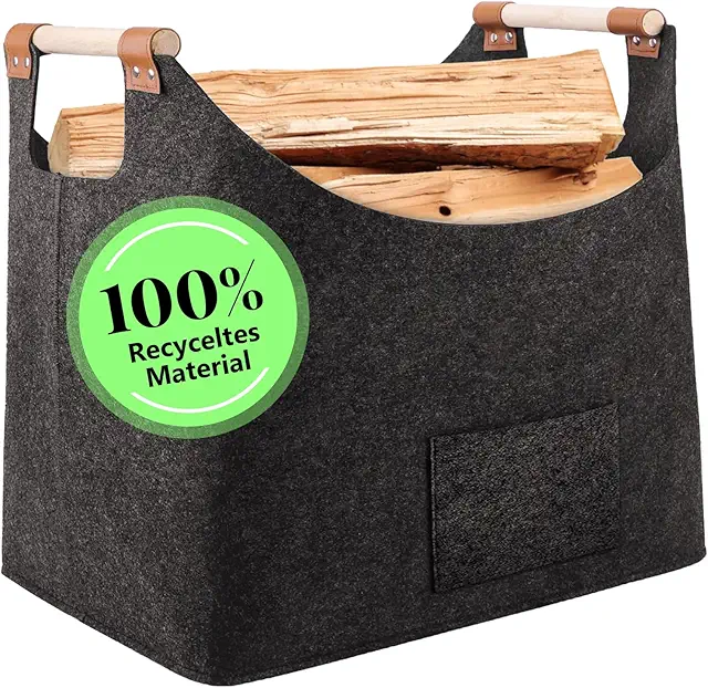XXL Felt Log Basket - Foldable Firewood Storage Bag with Wood Handle