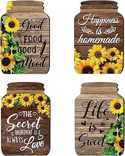 4 Pieces Kitchen Wall Decor Mason Jar Set, Wooden Kitchen Dining Room Signs Country Wall Art Farmhouse Tiered Tray Decor 7.1*4.7Inch (Sunflower)