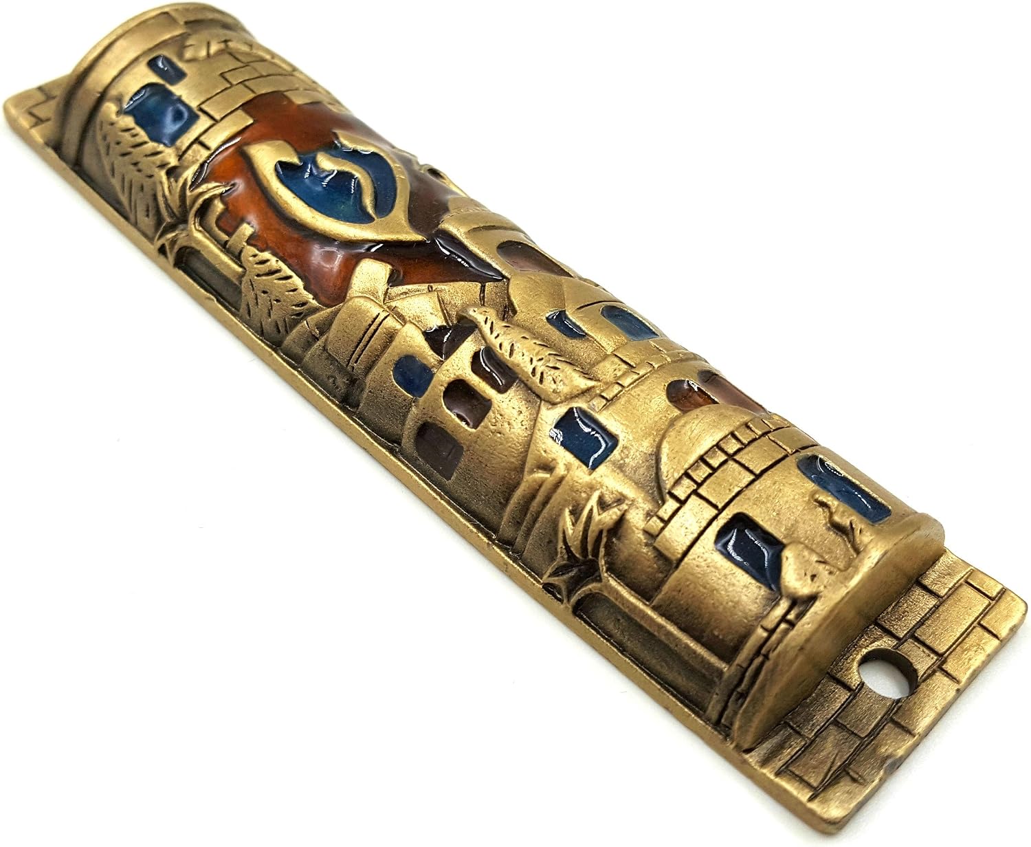 TALISMAN4U Gold Enamel Jewish MEZUZAH CASE with Scroll Jerusalem Israel Judaica Door Mezuza 4"