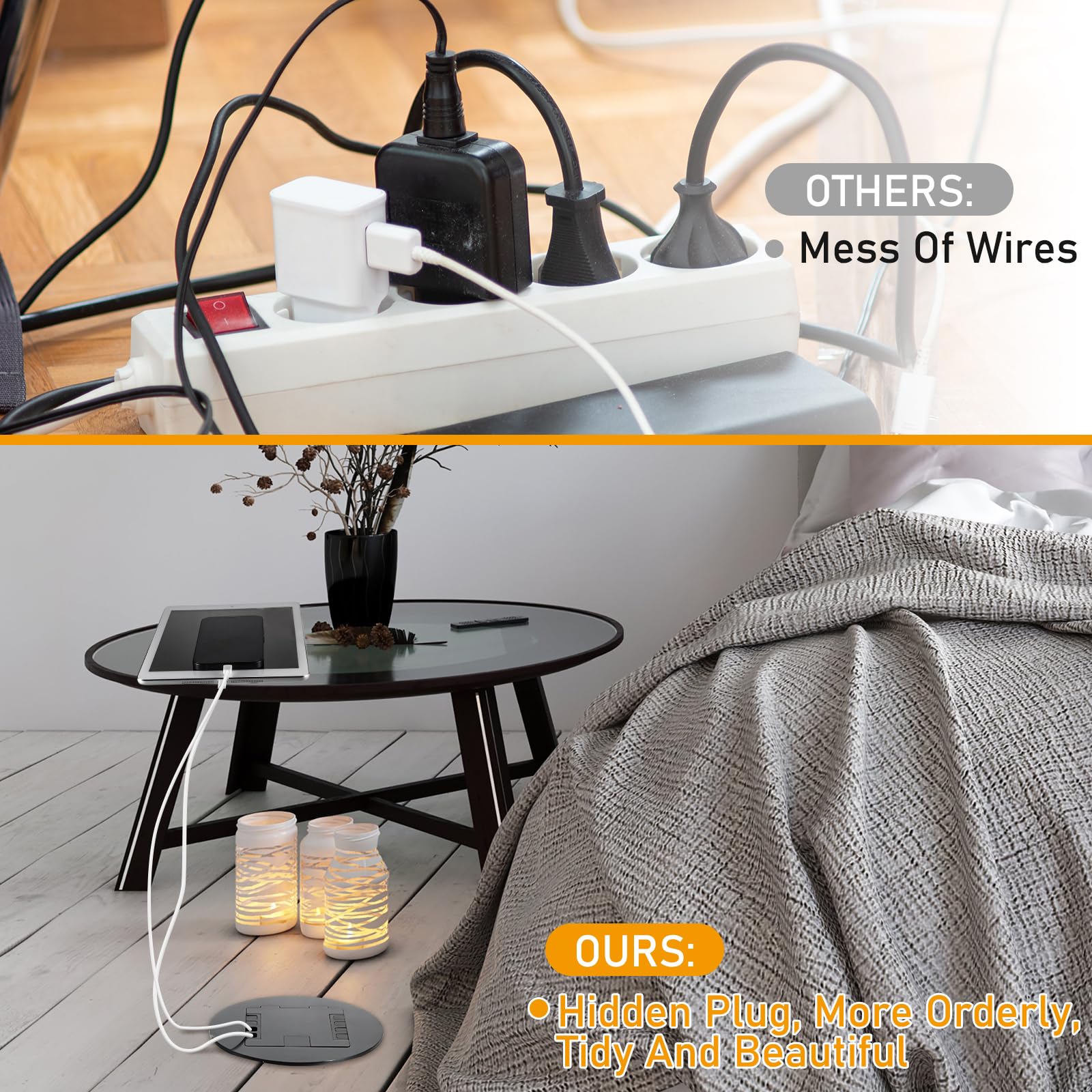 Presa a pavimento da incasso nera 4. 72 "x 4. 72" x 3. 94" 2-Gang con 4. 8a USB Caricatori 20 Amp Pavimento Recipienti da pavimento Kit di presa nascosta rotonda Scatola impermeabile elettrica