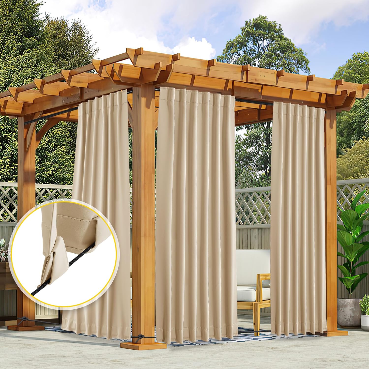 NICETOWN 2 Panels Outdoor Curtains for Patio Waterproof, Top & Bottom Fixed Waterproof Outdoor Drapes with Free Rope, Privacy Sun Blocking Shades for Gazebo, Pergolas, Biscotti Beige, W52 x L84 - Image 7