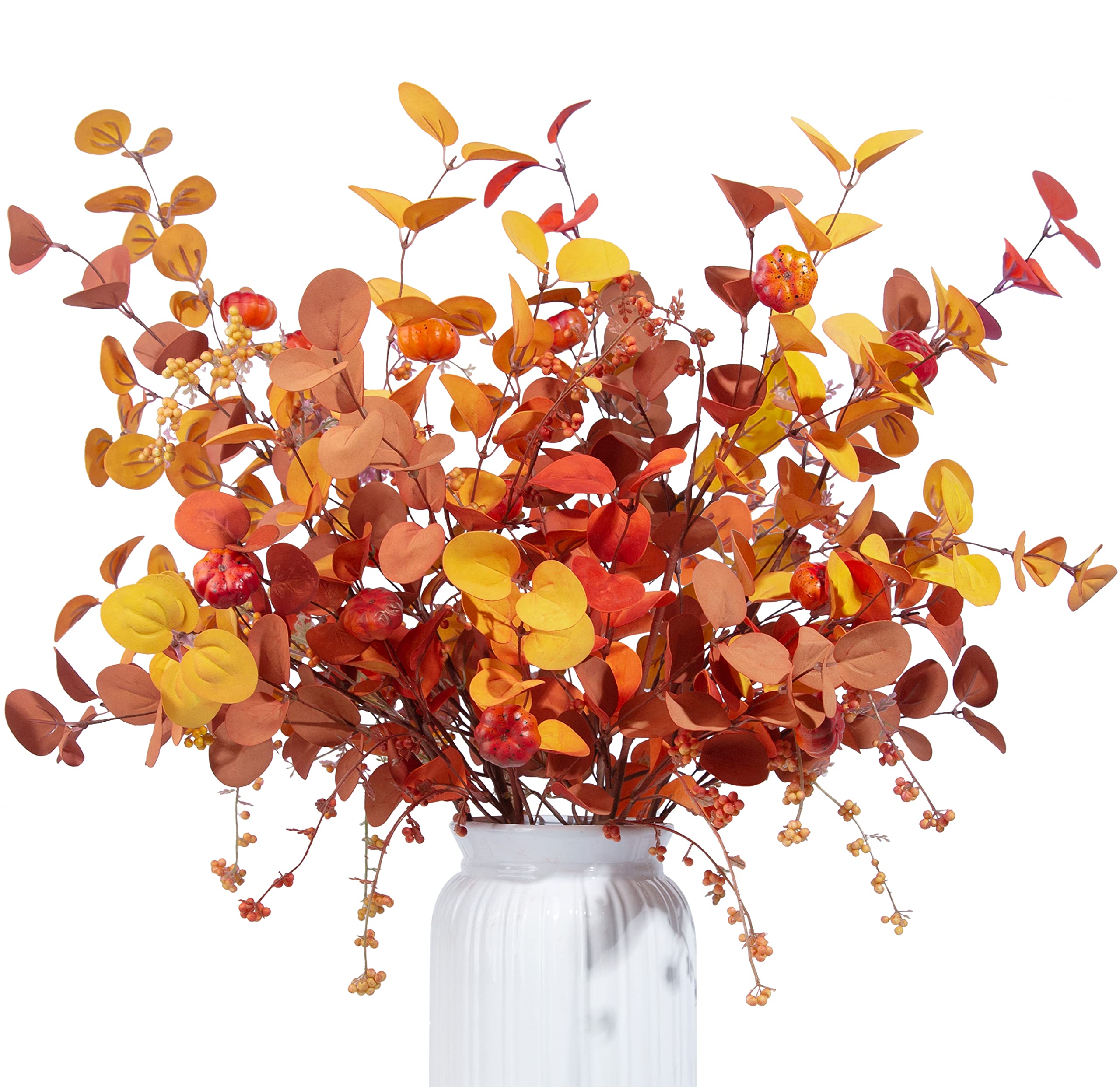 6 Pcs Fall Artificial Eucalyptus Stems Home Decor 32''/80cm Tall Fall Flowers Eucalyptus Leaves Berry Pumpkins for Autumn Thanksgiving Floral Arrangement Wedding Farmhouse Decorations Indoor Outdoor
