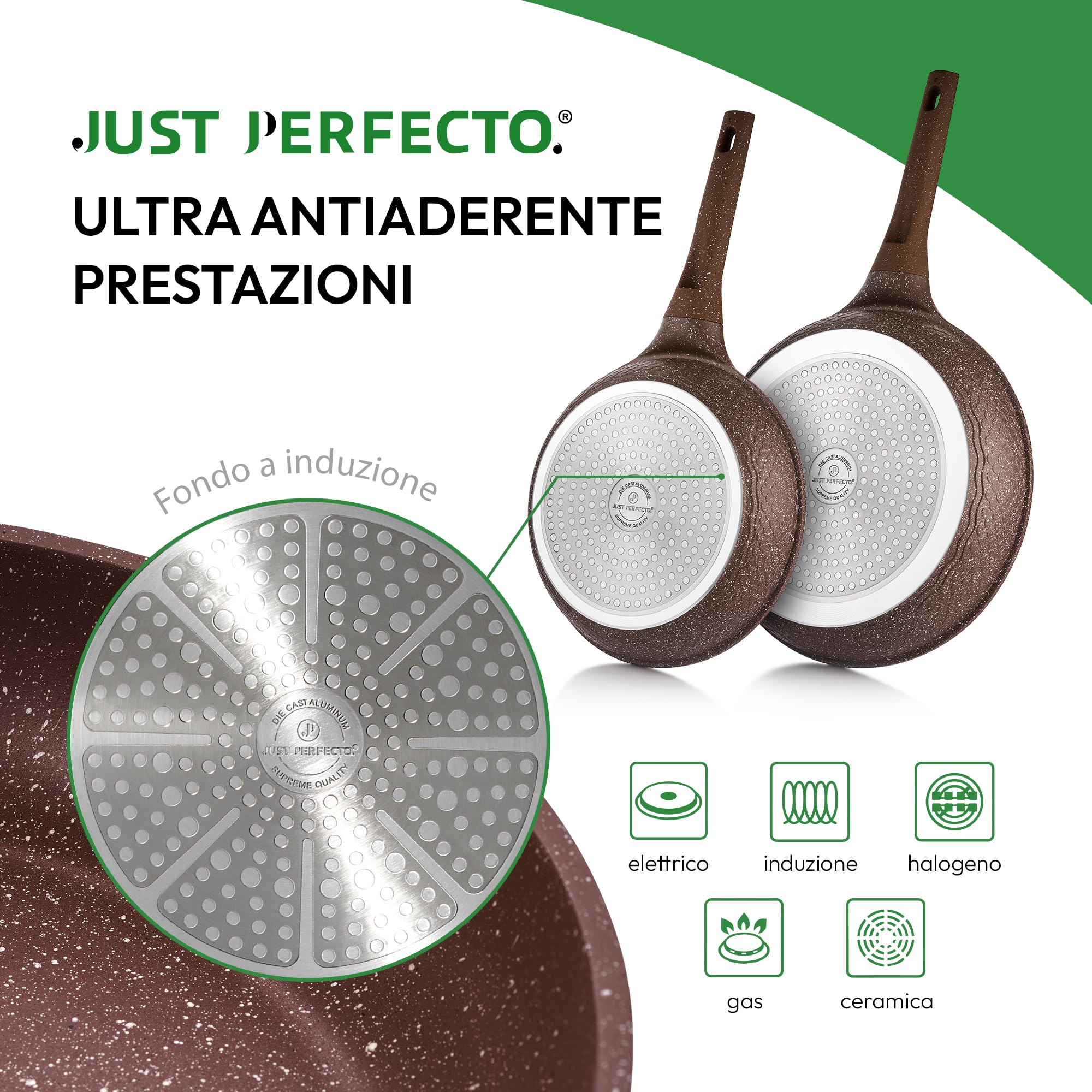 JUST PERFECTO Batteria Pentole e Padelle a Induzione, Set Antiaderenti Per tutti i piani cottura, 24/28cm con Coperchi, senza pfoa e ptfe
