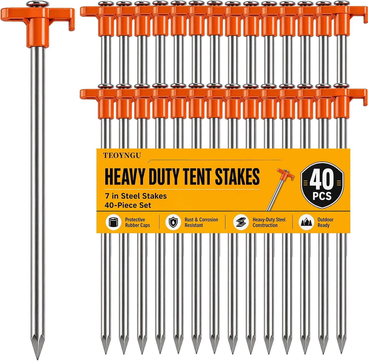 12-Pack Heavy Duty Camping Tent Stakes, 7.1-Inch Rust-Resistant Metal Tent Pegs with Orange Rubber Protective Sleeves for Tarps, Canopies and Garden Use