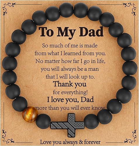 Gifts for Dad New Dad Stepdad Husband, American Flag Cross Beads Bracelet Jewelry Gifts for Father Men from Daughter Son Wife