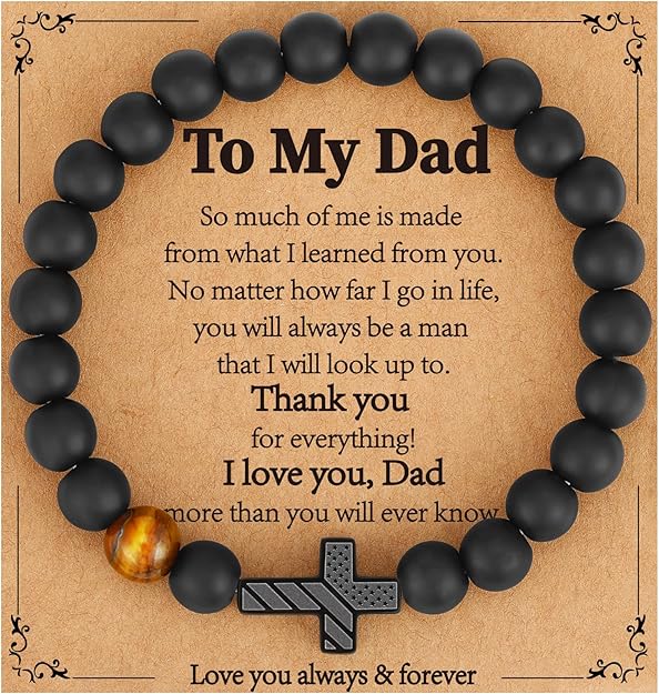 Gifts for Dad New Dad Stepdad Husband, American Flag Cross Beads Bracelet Jewelry Gifts for Father Men from Daughter Son Wife