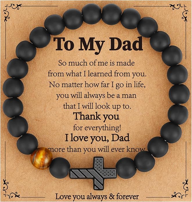 Gifts for Dad New Dad Stepdad Husband, American Flag Cross Beads Bracelet Jewelry Gifts for Father Men from Daughter Son Wife