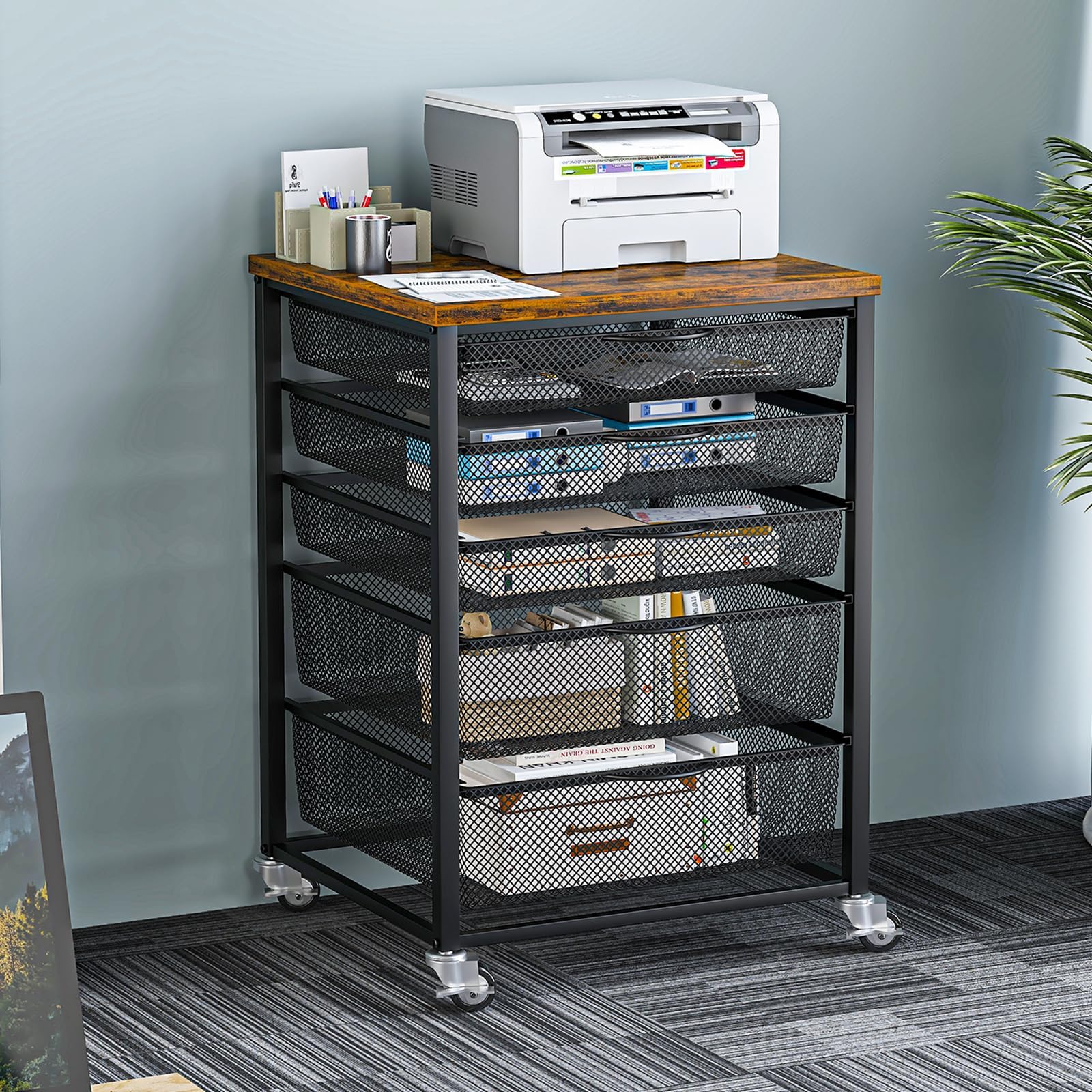 EasyCom 20.8"x18.9" Large Printer Stand with 5 Drawers- Heavy Duty Printer Table with Wheels, Laser Printer Cart for Home Office Living Room Supplies-Rustic Brown (Rustic Brown)