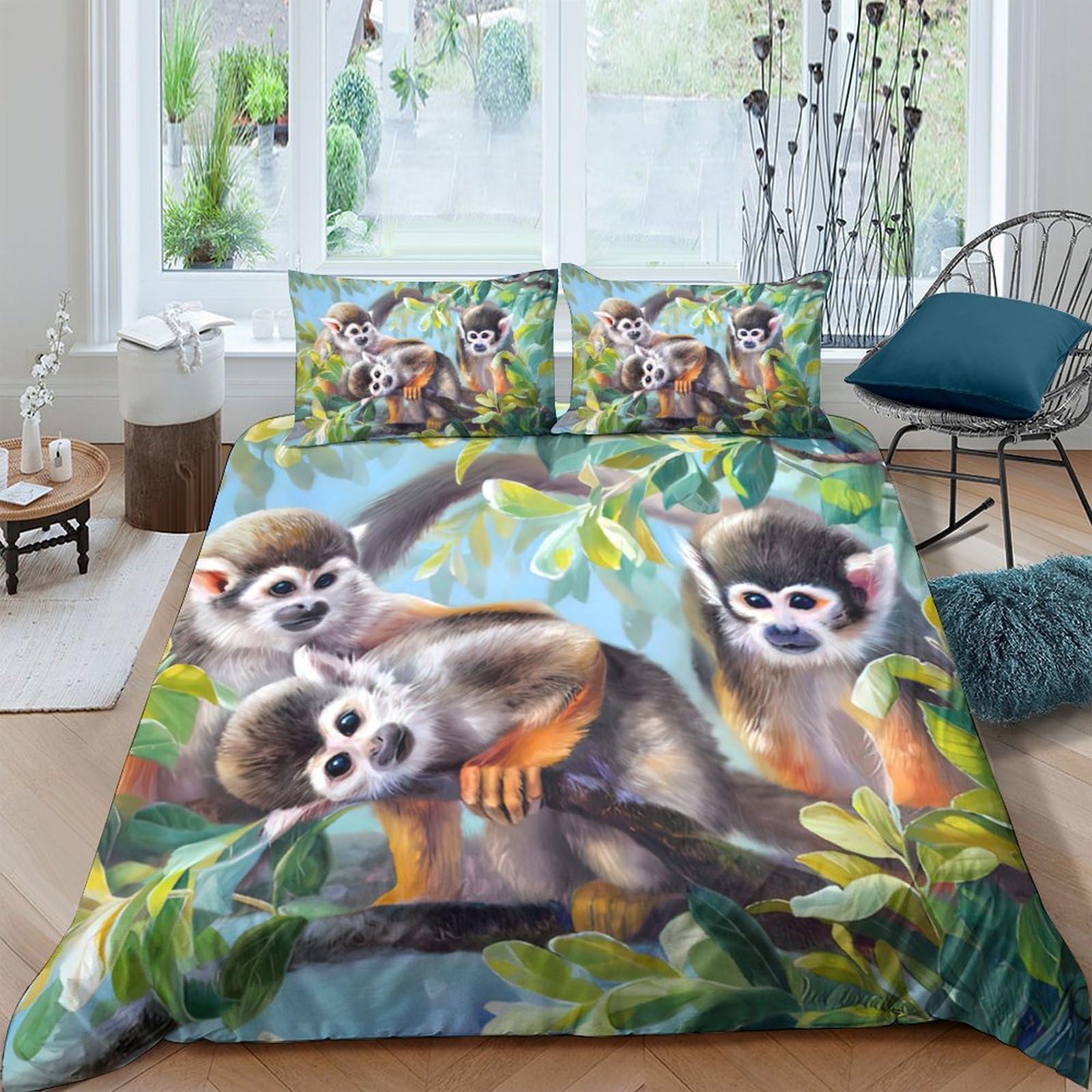 Ctjqhvkz Style-1 3D Printed Squirrel Monkey Jungle Fitted Sheet Microfiber Soft Bed Sheet Animal Leaves Mattress Cover Bedroom Decor Single（135X200cm）