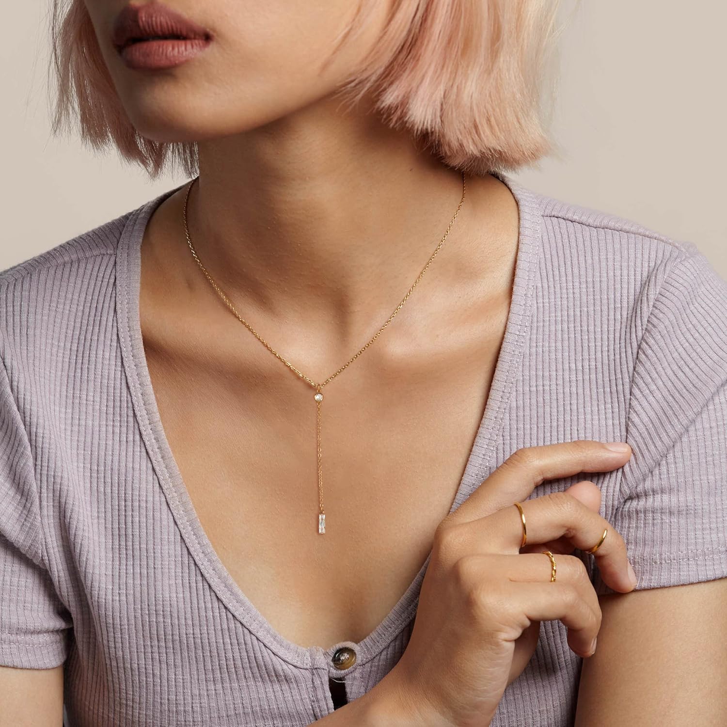 Tewiky Lariat Necklace for Women, Dainty Gold Long Necklaces 14k Gold Plated Heart Pearl CZ Teardrop Pendant Necklace Simple Drop Necklace Trendy Y Necklace Fashion Jewelry for Women - Image 4