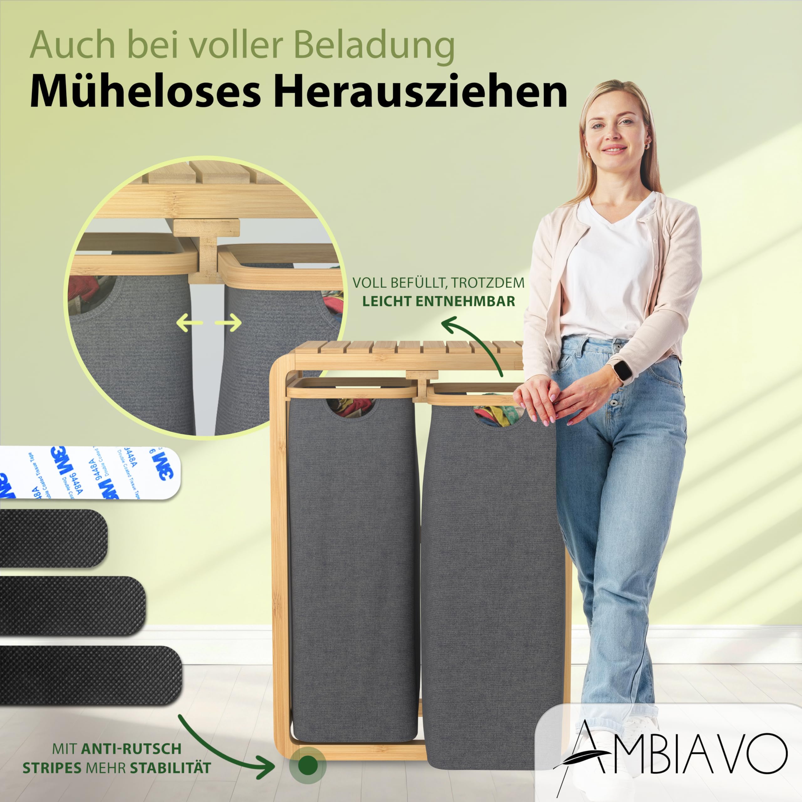 Wäschekorb 2 Fächer grau, schmal & 100 L Bambus · Wäschesammler mit Ablage · 50 L pro Fach · herausnehmbare, waschbare Wäschesäcke