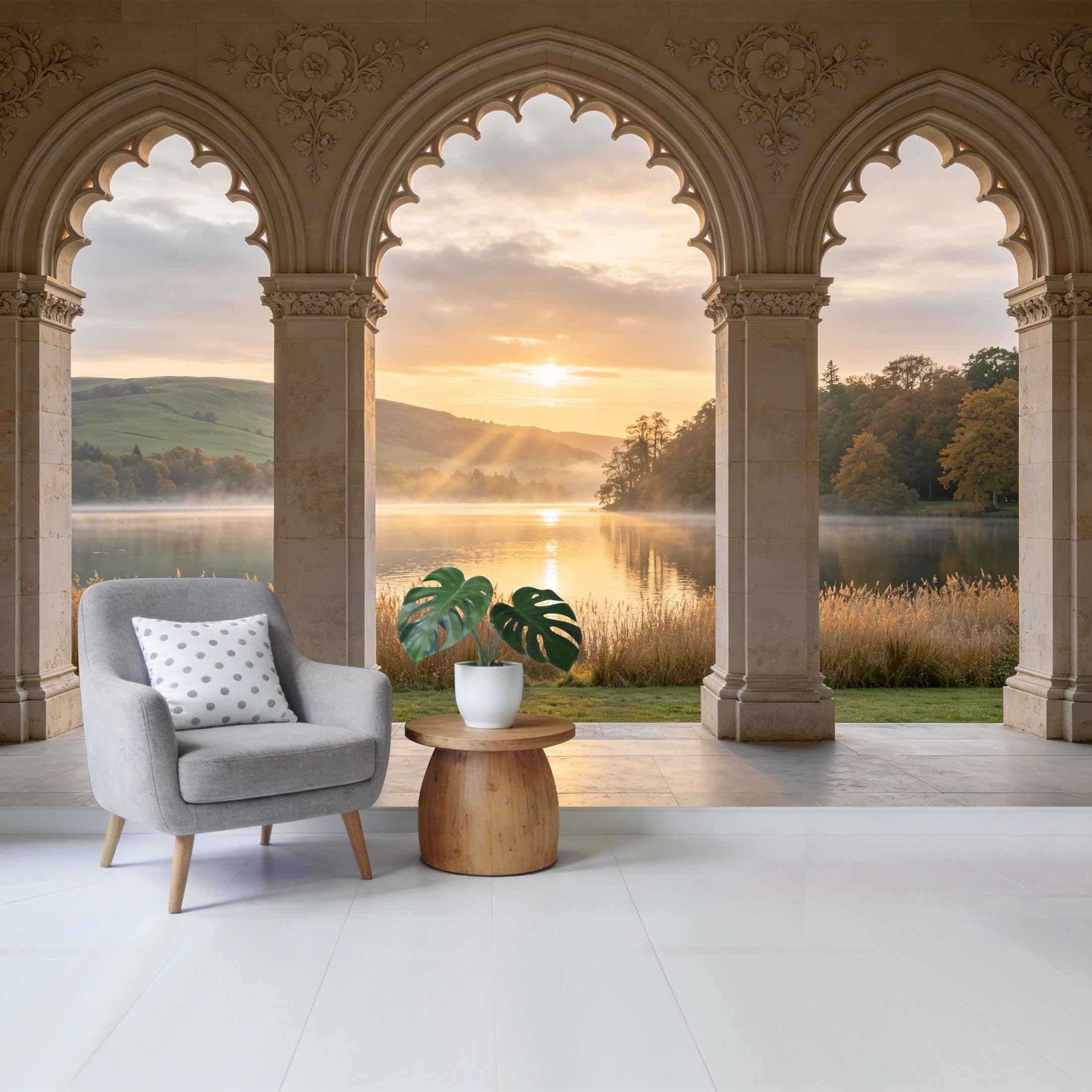 Removable Self Adhesive Fabric Mural， Neoclassical Architectural Arch Mountain Lake Sunset Custom Size Wall Covering， UV Protected Waterproof Washable Wall Decor for Living Room Bedroom