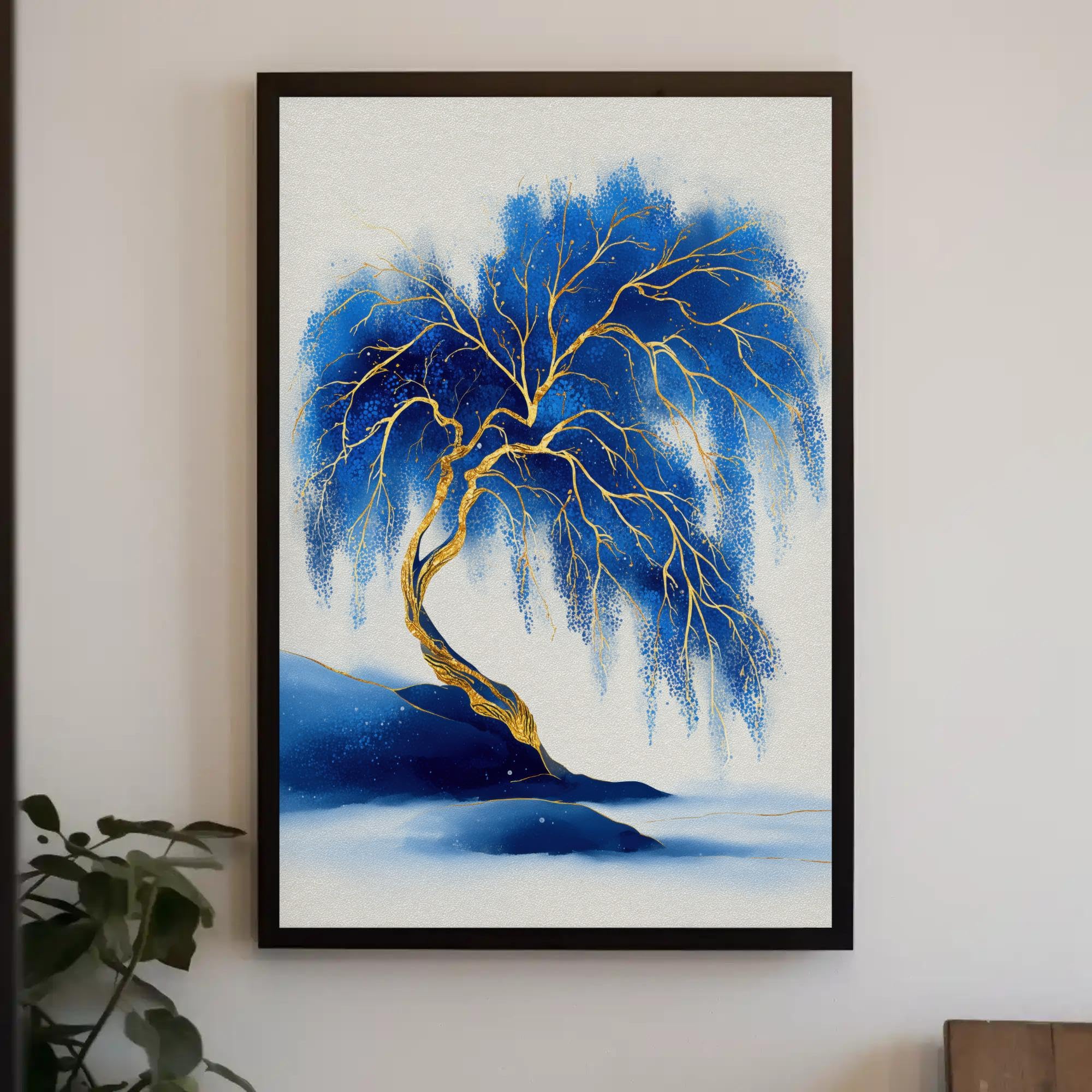 Tongyinli Frameless Blue Gold Tree Canvas Print, Elegant Abstract Tree Wall Art, Luxury Modern Home Decor Painting(70X110cm/Frameless)
