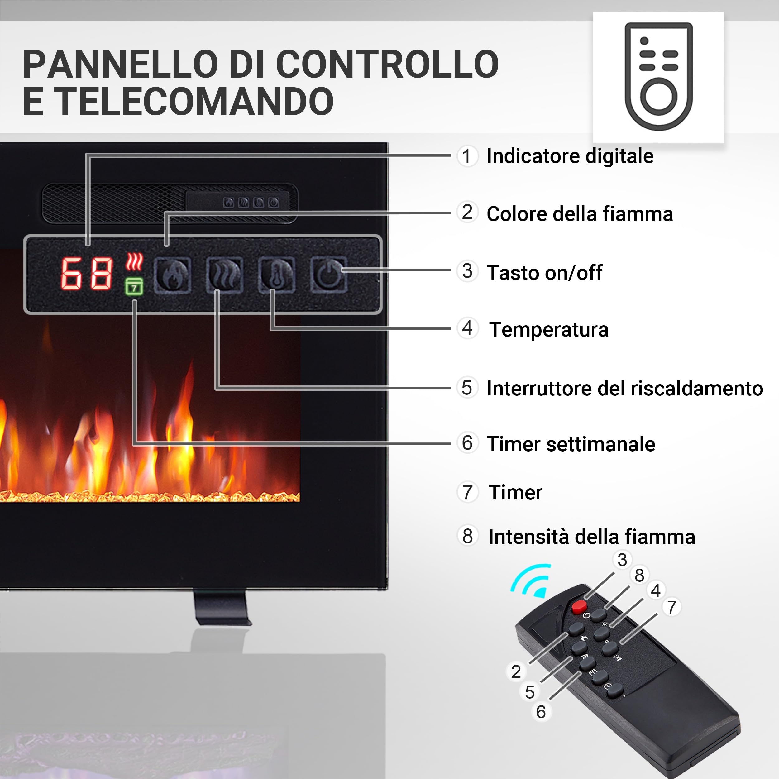 BALDERIA camino elettrico Leif 40"| Caminetto elettrico a pavimento o a muro con riscaldamento 2000 W | Effetto fiamma 3D | Focolare a terra o a parete con telecomando, timer, termostato | Nero
