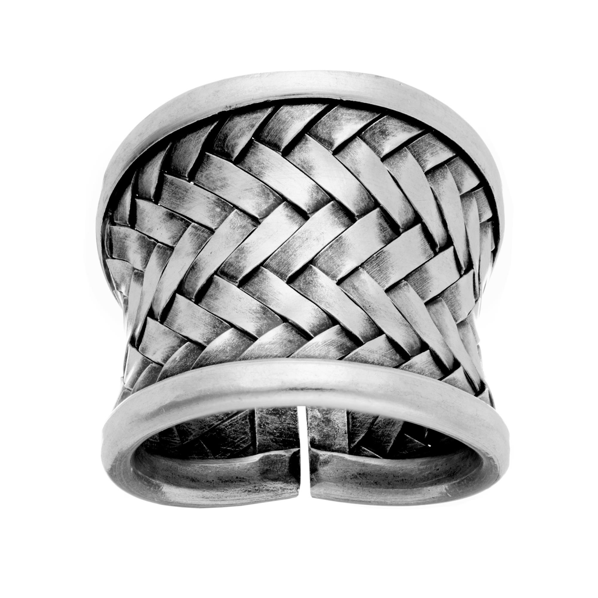 81stgeneration Hill Tribe Anillo Ajustable de Tejido de Canasta Ancho en Plata Pura | Banda Tejida Cóncava de Plata 999 para Mujer | Diseño Rústico Texturizado | Joyería Tribal Estilo Medieval