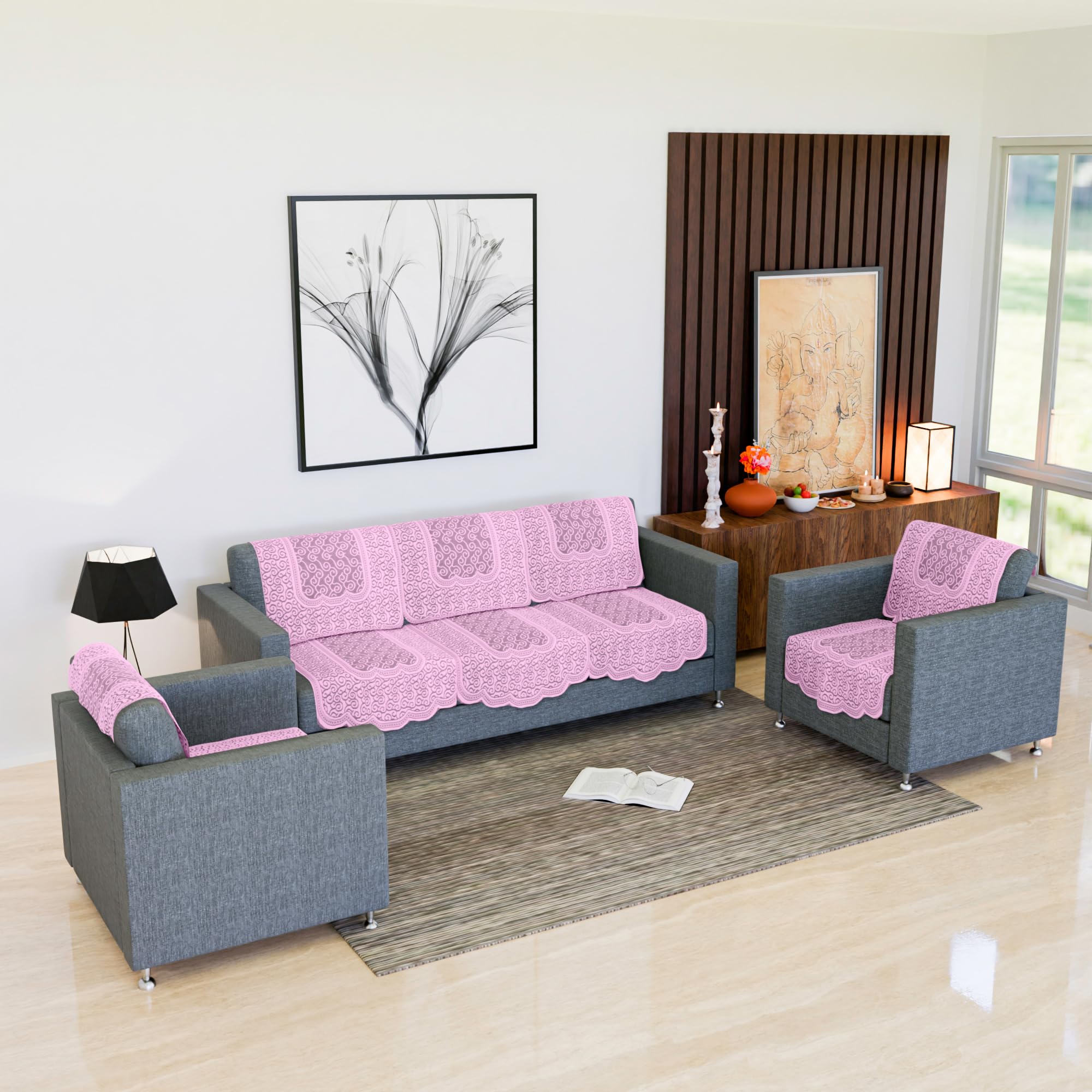 Kuber Industries 5 Seater Sofa Cover for Hall and Living Room - Net Slipcover Set with Zig Zag Print - Pink