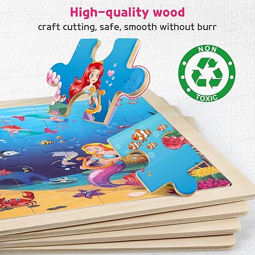 Miniatura 4 de SYNARRY Rompecabezas de madera de hada de princesa sirena unicornio para niños de 3 a 5 años, 4 paquetes de 24 piezas rompecabezas para niños de 4 a