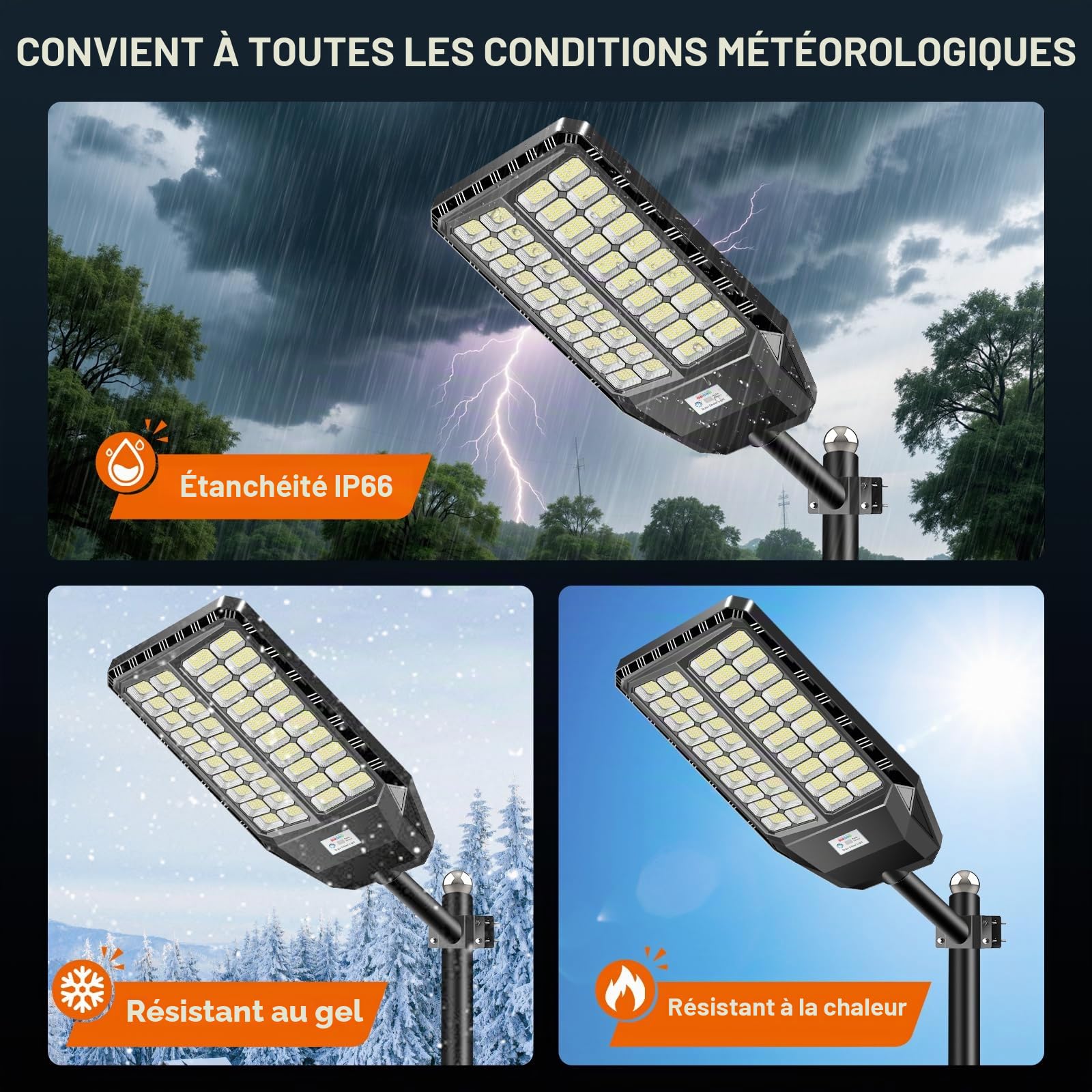 Lampadaire Solaire LED Extérieur - Éclairage Solaire Extérieur - 288 Ultra LEDs Haute Performance - Rendement Lumineux 30%+ - 6500K 4 Modes Étanchéité IP66-20 ~ 60°C Angle Large 240°