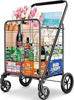 Shopping Cart, Upgrade Dense Grid Bottom Folding Cart with 360° Rolling Swivel Wheels Heavy Duty Grocery Utility Cart for Multiple Uses Extra Large Grocery Cart Can Hold Up to 280 lbs