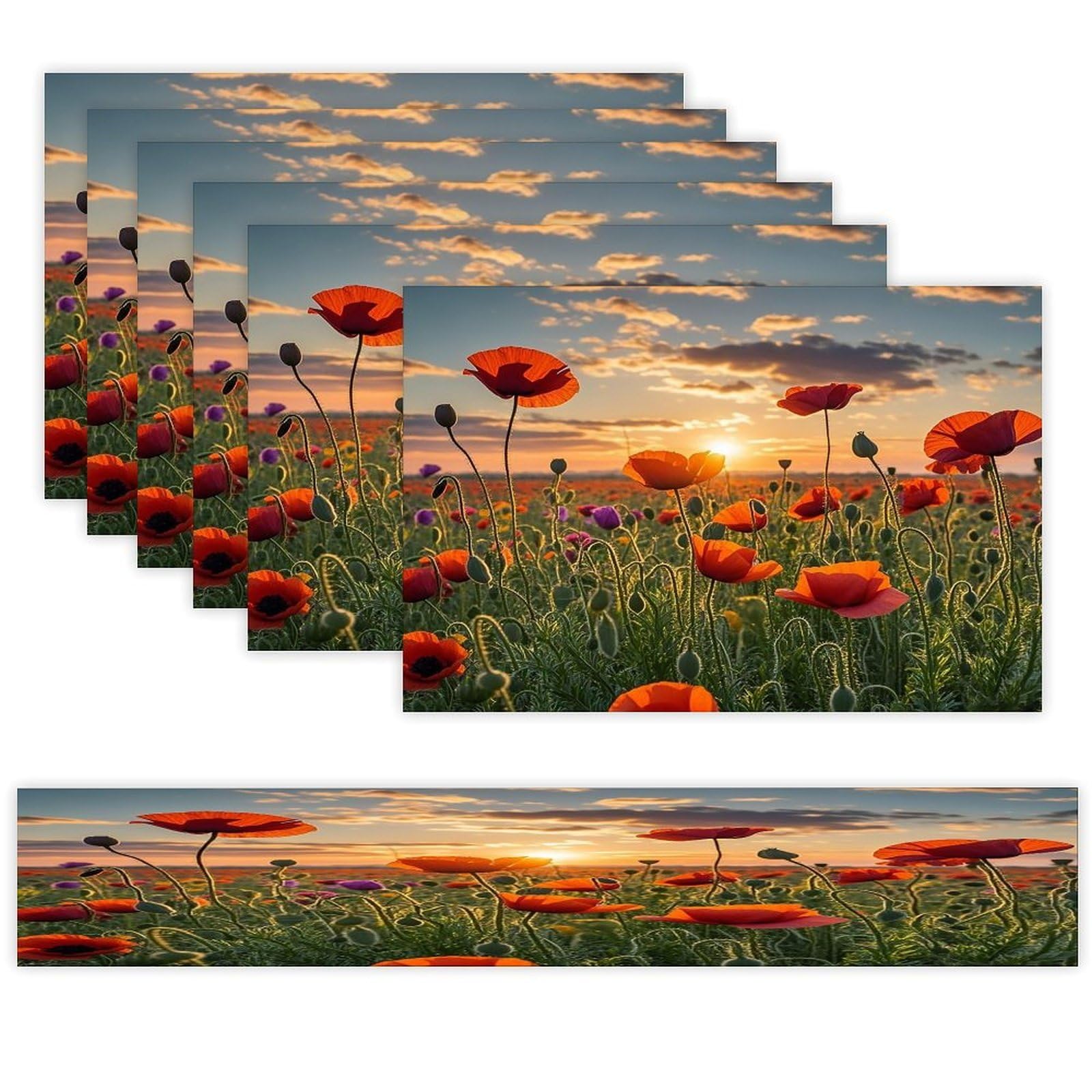 Red Poppy Flower Field in Sunset Table Runner and Placemats Set of 6 Heat Resistant Washable Table Runners Dining Mat Sets Modern Cloth Place Mats Linen Table Decor for Kitchen Dining Room