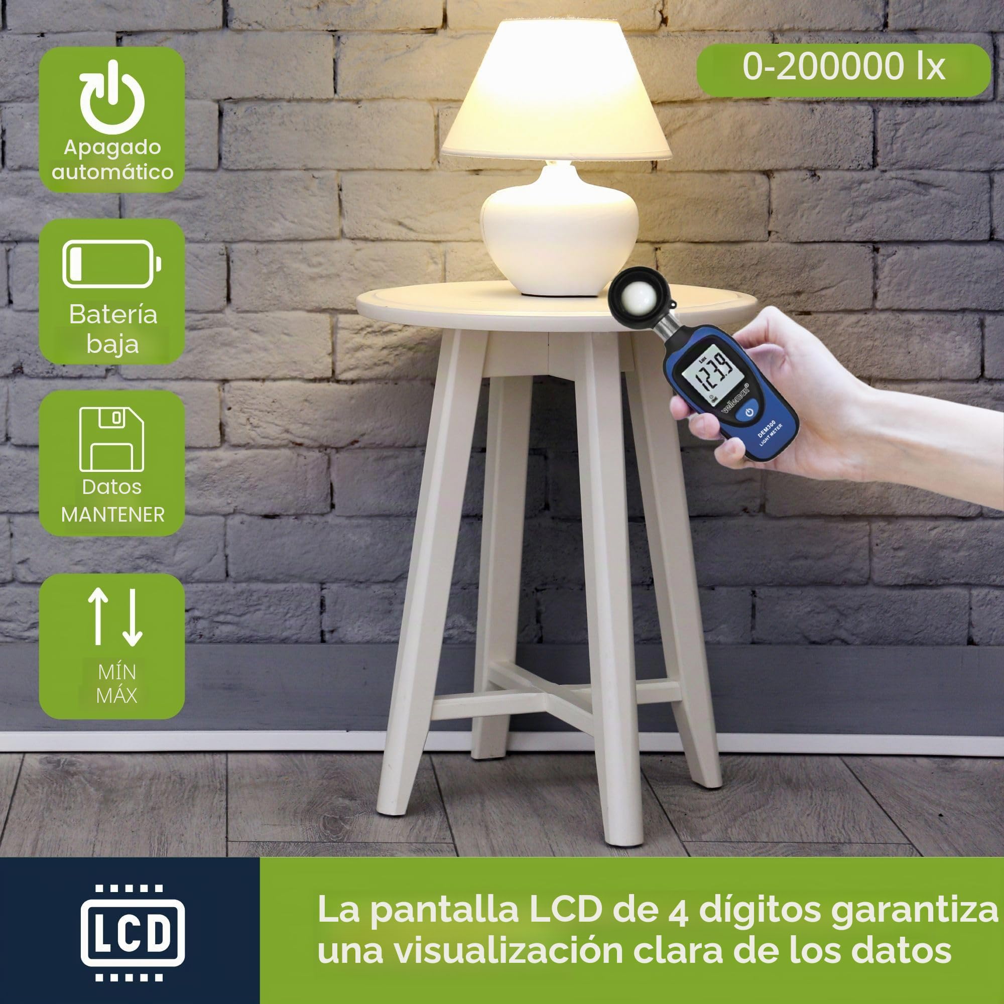 Velleman Medidor de luz digital, función máxima/min, 0-200,000 lux, pantalla LCD, bolsillo
