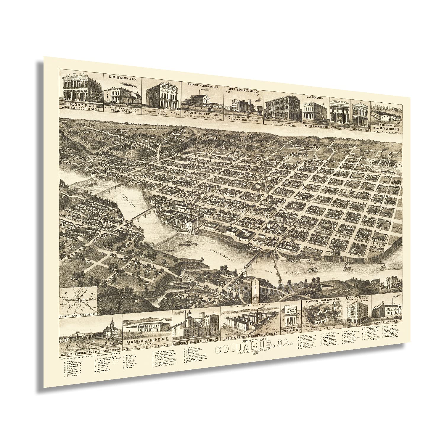 HISTORIX Vintage 1886 Columbus Georgia Map - 24x36 Inch Vintage Columbus Georgia Wall Art - History Map of Columbus GA Poster - Perspective Bird's Eye View of Muscogee County Columbus GA Map Print