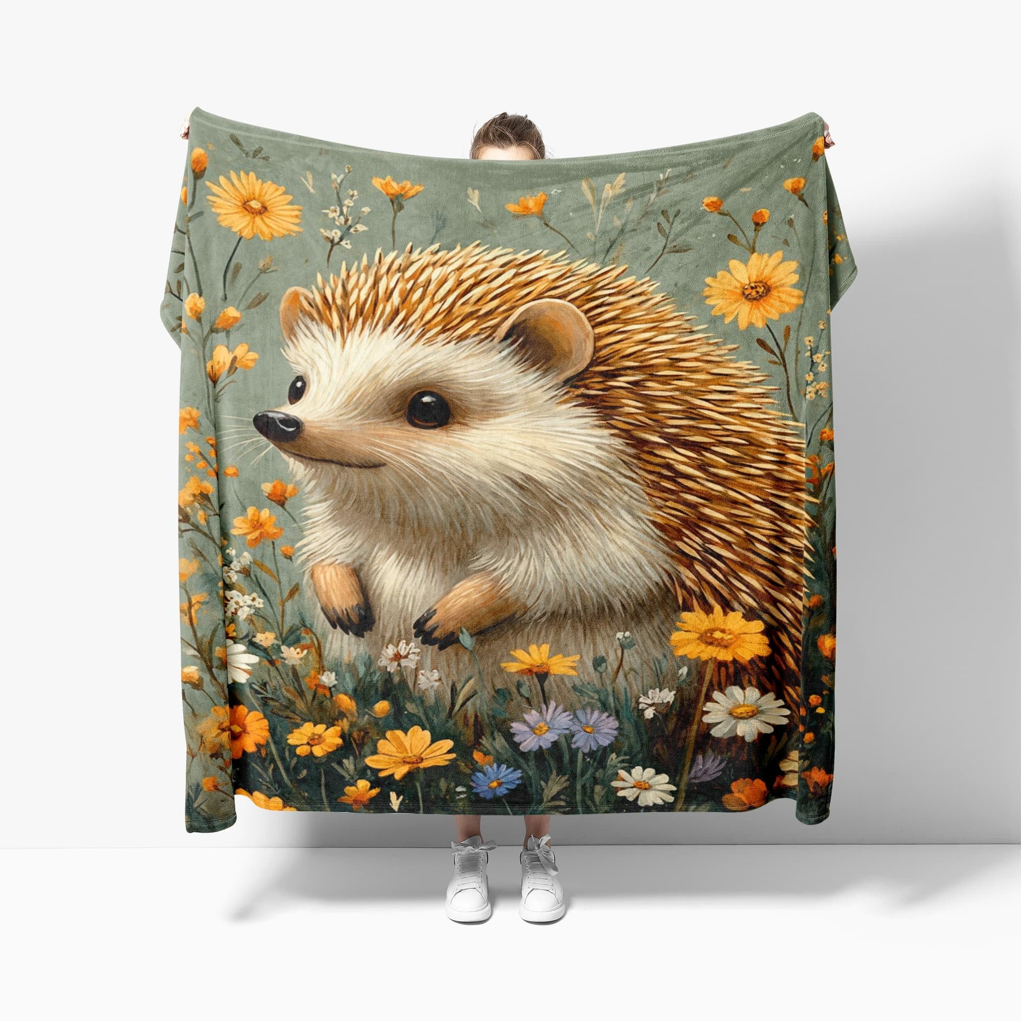 Manta de Peluche Manta de Lana Erizo de Dibujos Animados con Flores Manta de Estar Caliente Otoño Invierno Suave L, Verde Salvia Manta de Franela Sherpa para Sofá Cama, para Niños Niñas 70x100 cm