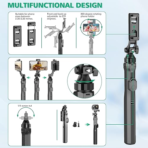 Vista 3 de 70.6" Phone Stand & Selfie Stick Tripod, Extendable Cell Stand with Remote and Phone Holder for Vlogging/Streaming, Compatible with iPhone Android