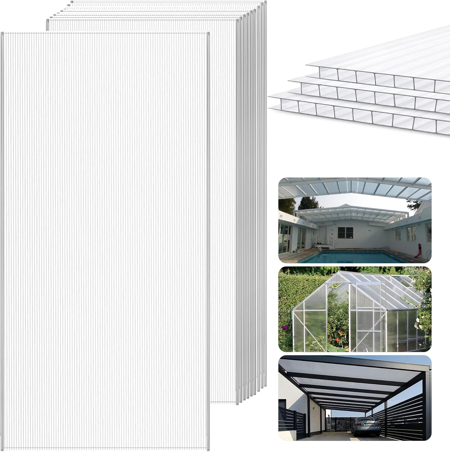 14 Pcs Polycarbonate Greenhouse Panels,4' x 2' x 0.24'' Twin-Wall Plastic roof Panels,Waterproof UV Protected Clear Corrugated Polycarbonate Sheet for All Weather Outdoor Garden Greenhouse Replacement