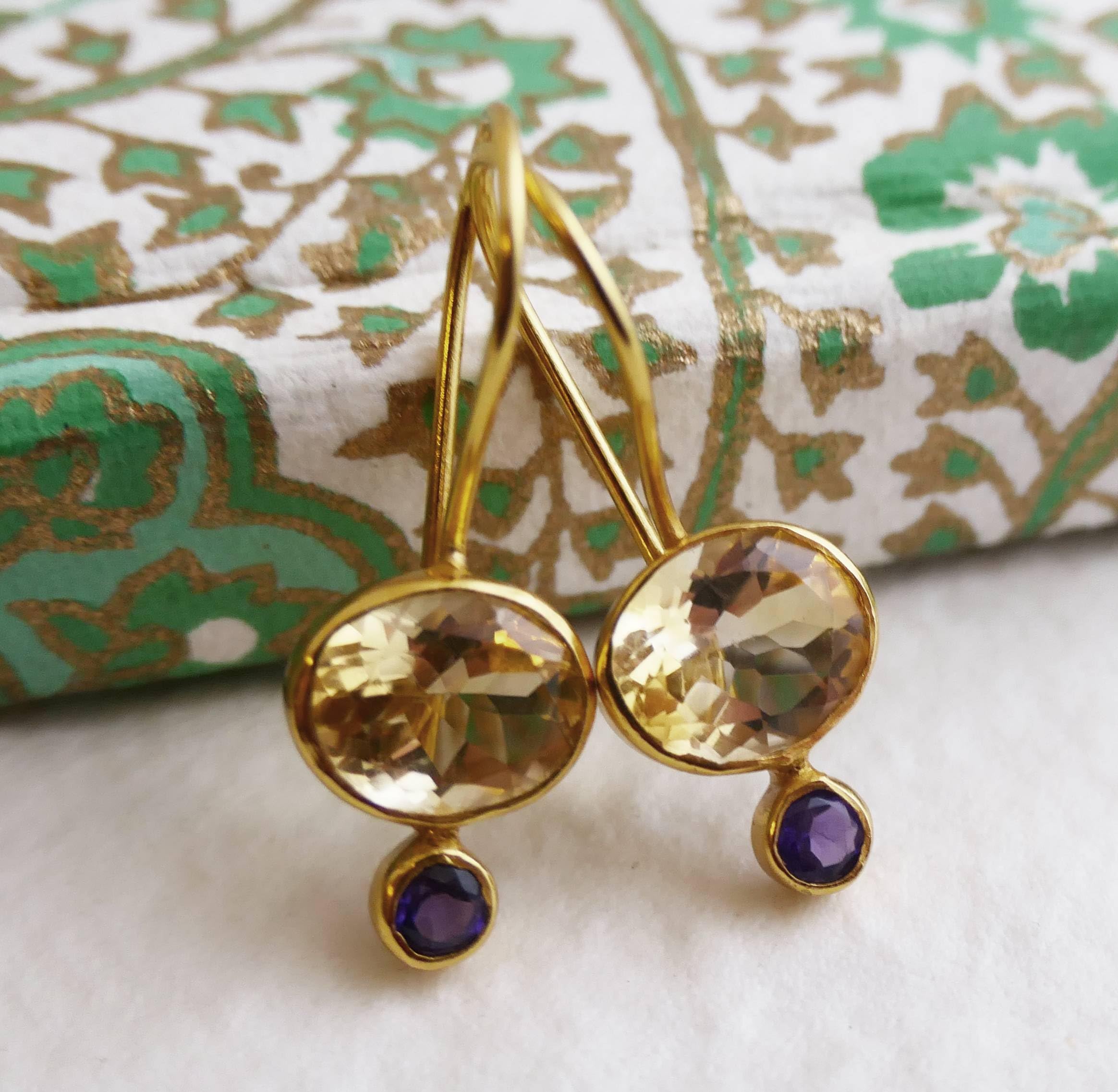 Orecchini in Argento Sterling Placcato Oro con Citrino e Ametista | Gioiello Elegante con Pietre Naturali per Look Raffinati e Luminosi
