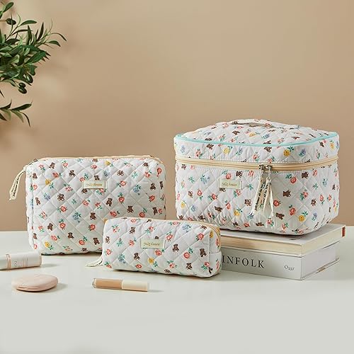 Miniatura 5 de HBselect Bolsa de maquillaje de 3 piezas para mujeres, bolsa organizadora de maquillaje de viaje grande de algodón, bonita bolsa de aseo de flores