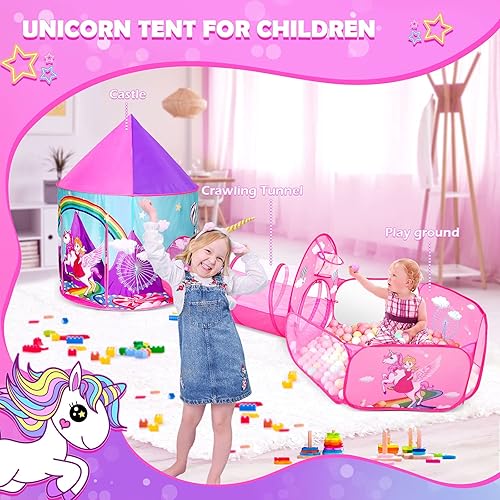 Vista 18 de PigPigPen Tienda de campaña de 3 piezas para niñas con hoyo de bolas, túnel de gateo, carpas de princesa para niños pequeños, juguetes de casa