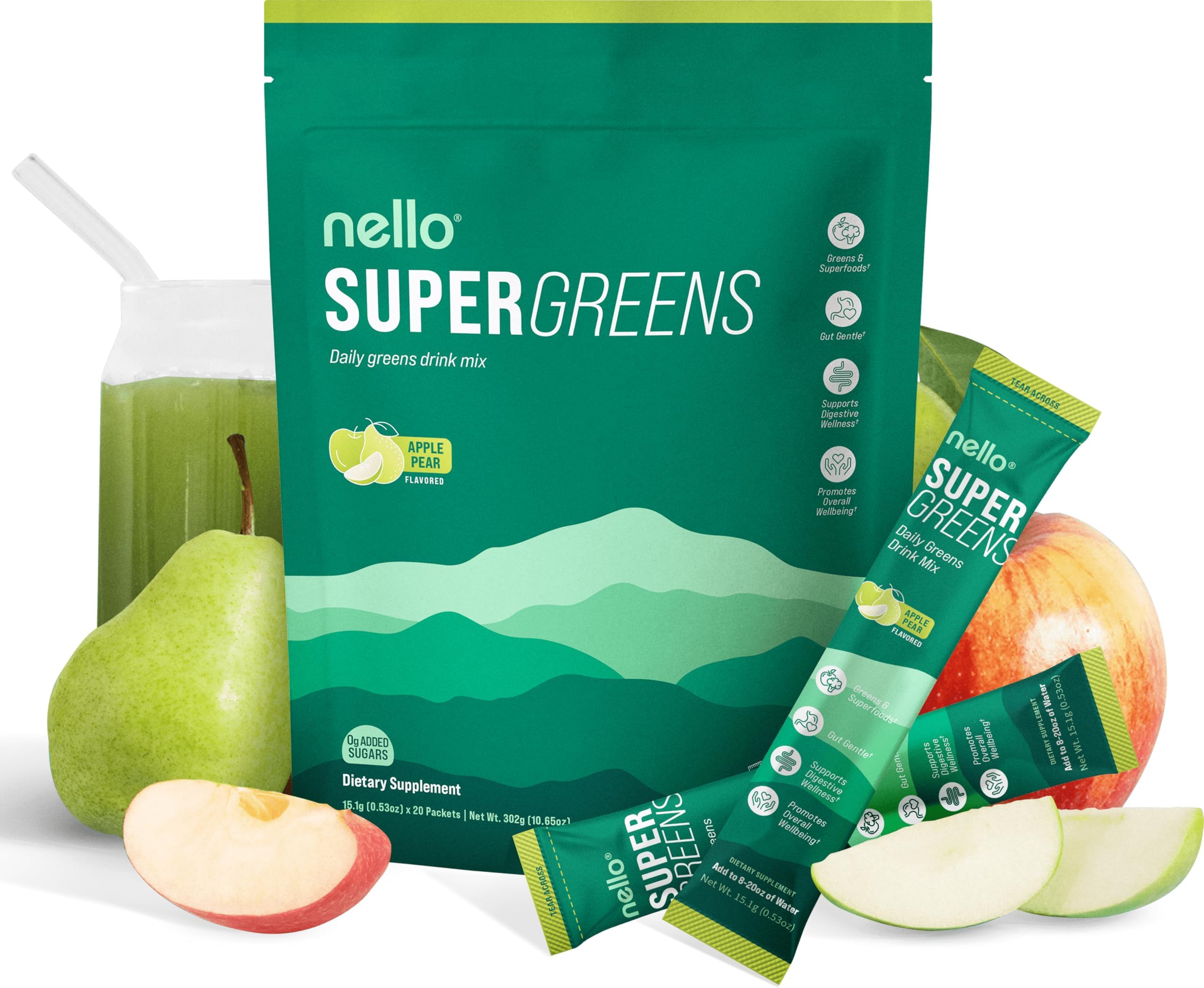 Nello Supergreens Superfood Drink Mix with Chlorella, Moringa, Spinach, Broccoli, Digestive Enzymes, and Probiotics โ Apple Pear Flavor, 20 Servings, Travel Pack