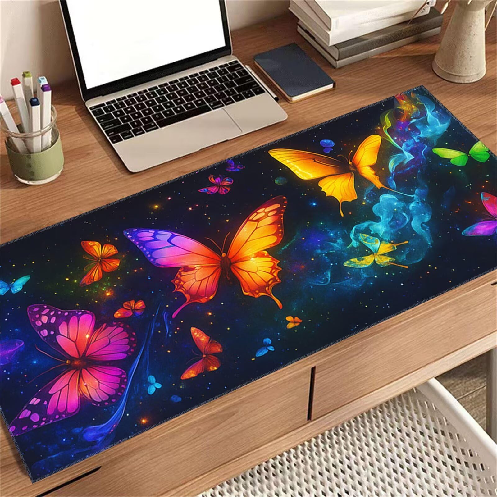 Alfombrilla de Ratón XXL 1200x600x2mm, Alfombrilla de Escritorio Grande Mariposa, Mouse Pad Gaming Antideslizante con Bordes Cosidos para Teclado, PC y Oficina