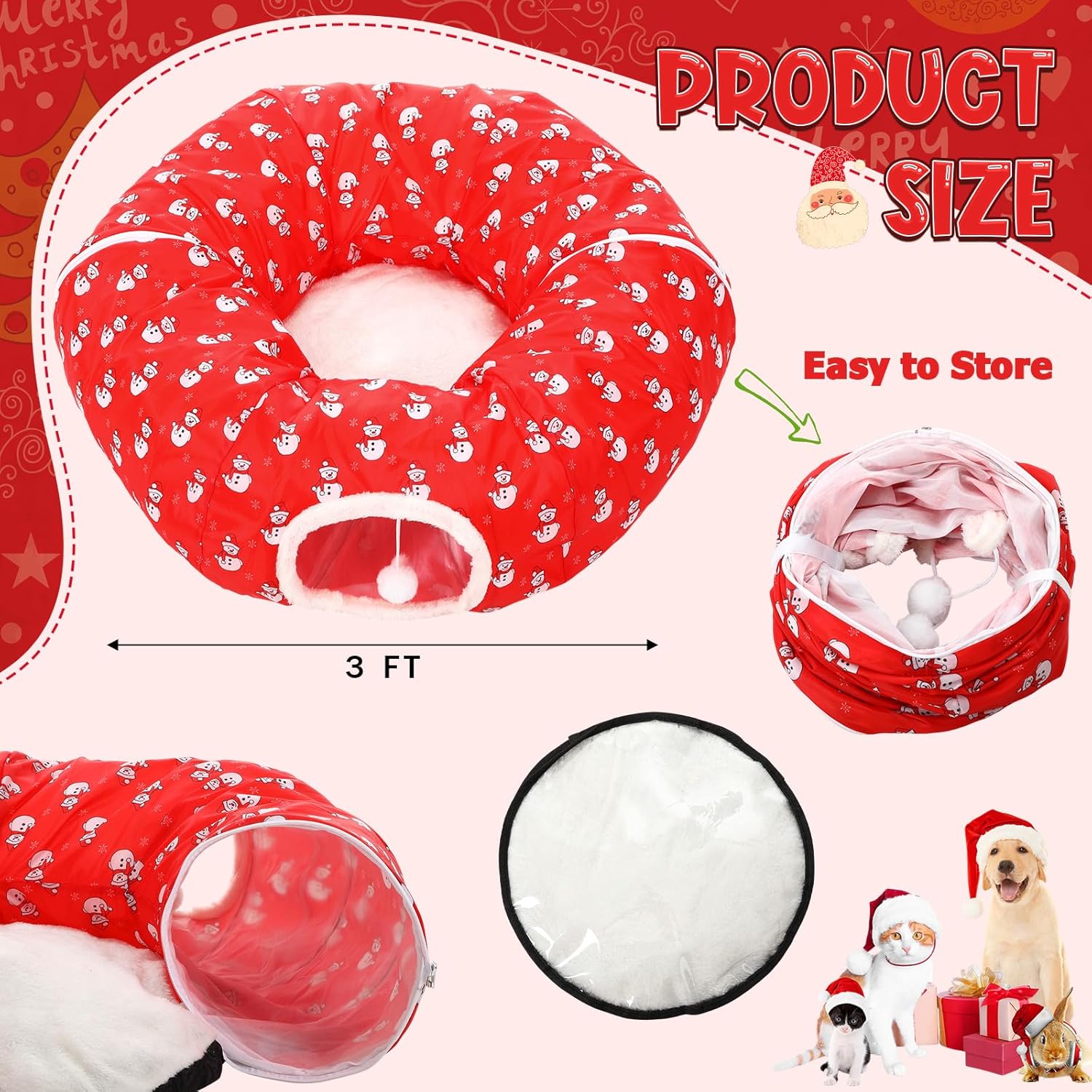 Soulchen Cat Tunnel with Christmas Tree Skirt, 35.8'' Cat Bed for Indoor with Hanging Ball, Xmas Festive Foldable Kitty Pipeline for Kittens Small Animal Christmas Decoration(Snowman)