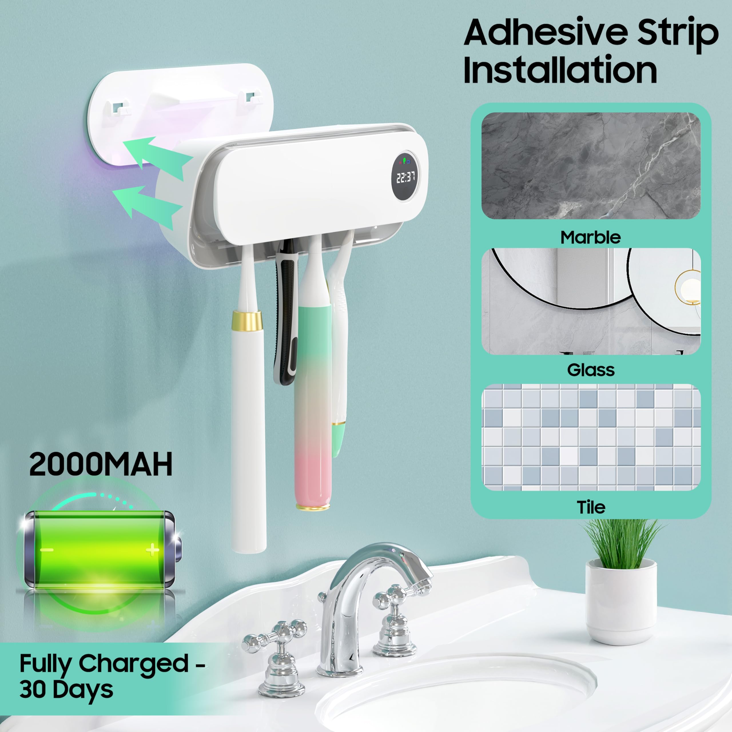 BlueBark Soporte de cepillo de dientes UV para baños, soporte de secado al aire, accesorios de baño para el hogar inteligente, función de temporizador y 5 ranuras para cepillos de dientes, soporte