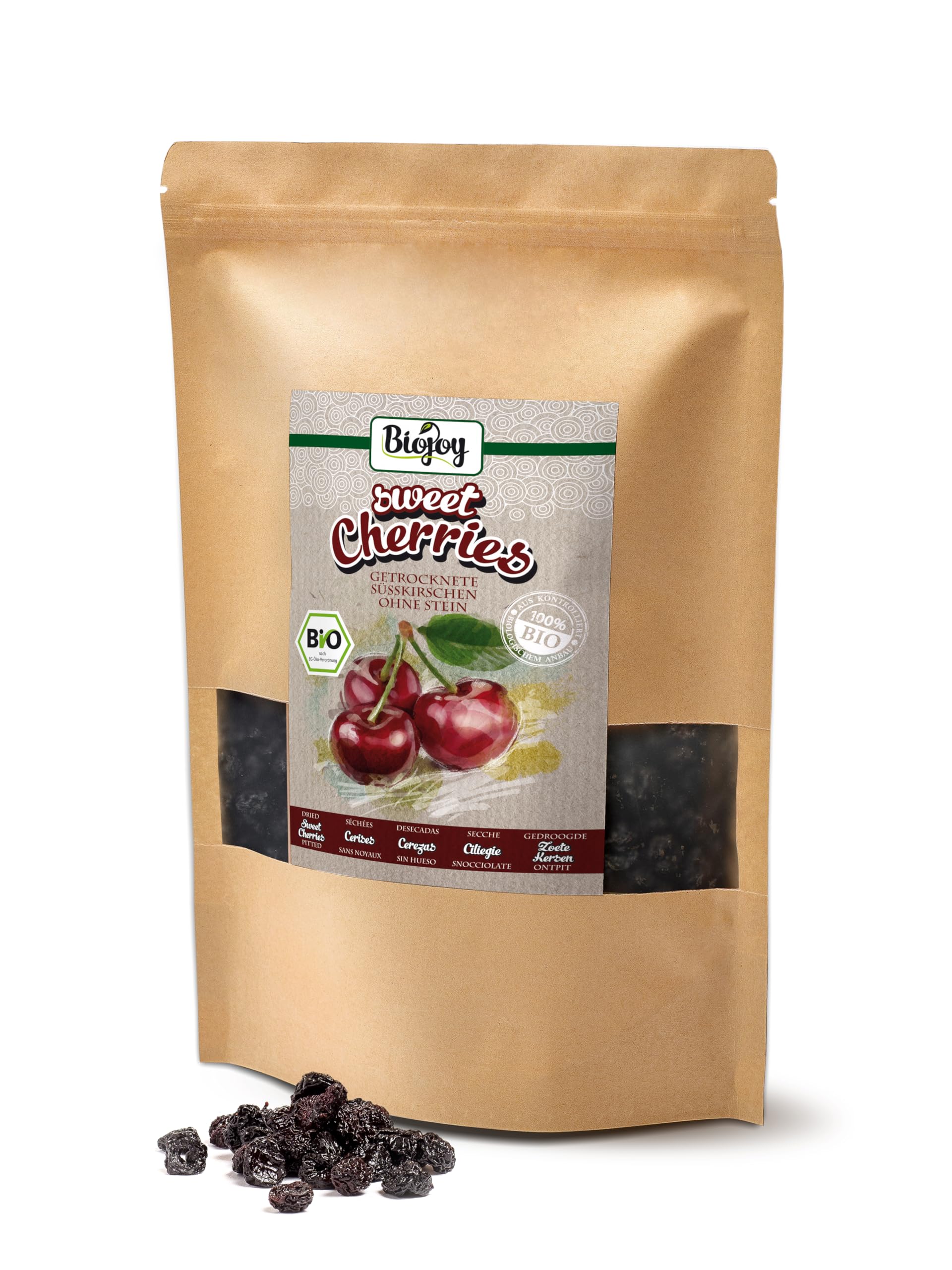 Biojoy Cerezas secas BÍO (1 kg), sin hueso, sin azúcar añadido y azufre