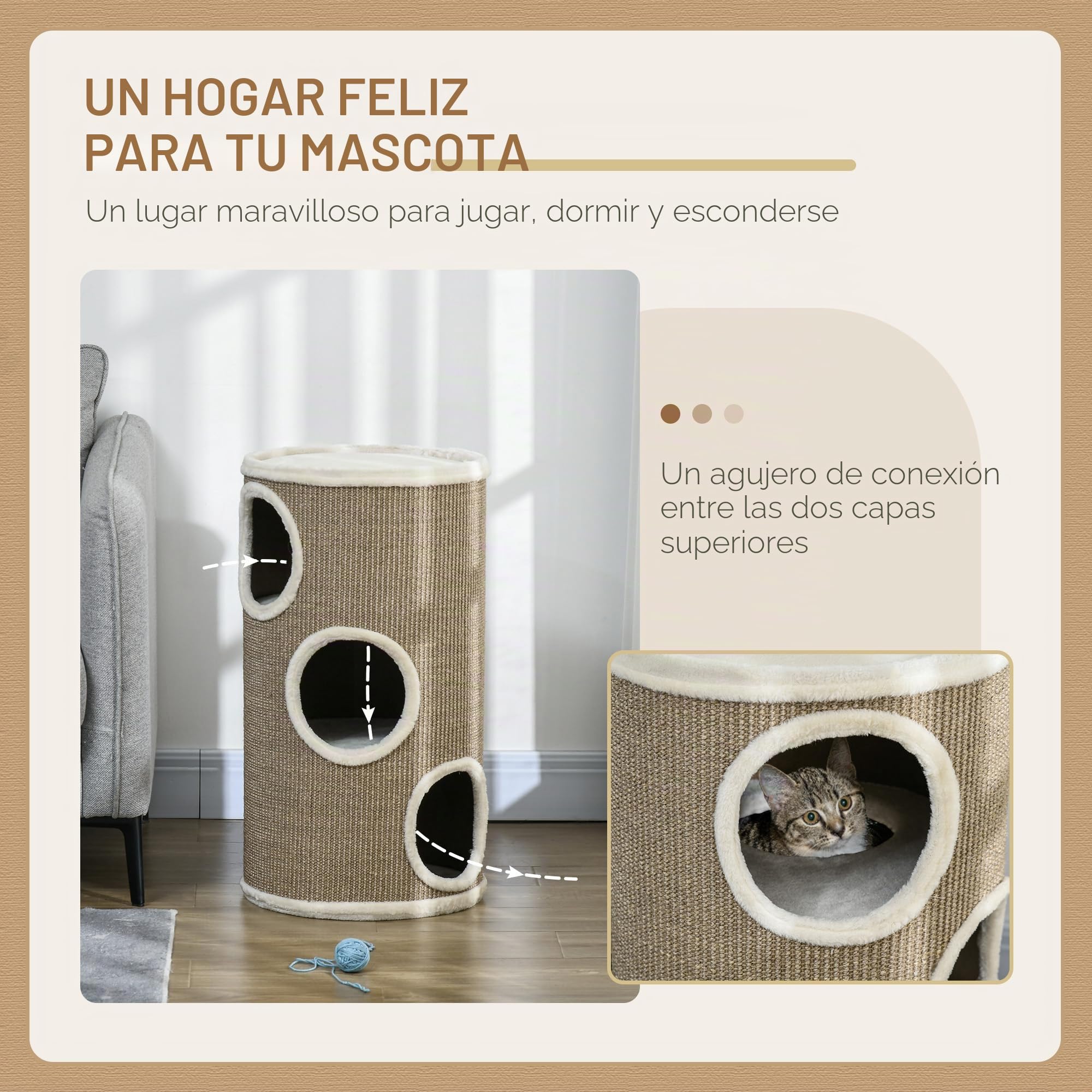 PawHut Barril rascador de 70 cm de alto, 38 cm de diámetro, 38 cm de diámetro, 3 pisos, con borde de felpa, cueva para gatos, árbol rascador para gatos pequeños, color marrón