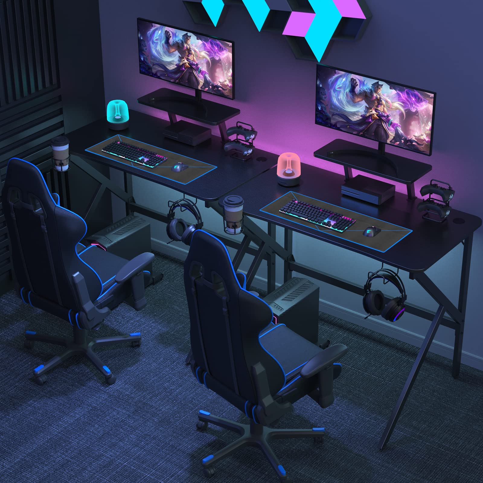 Scrivania Gamer Ergonomico, Vassoio in Fibra di Carbonio Impermeabile Antigraffio Struttura a Forma di K, Accessori Inclusi per Ufficio e Gioco, Tavolo Multifunzione per Adulto, 100x55x74