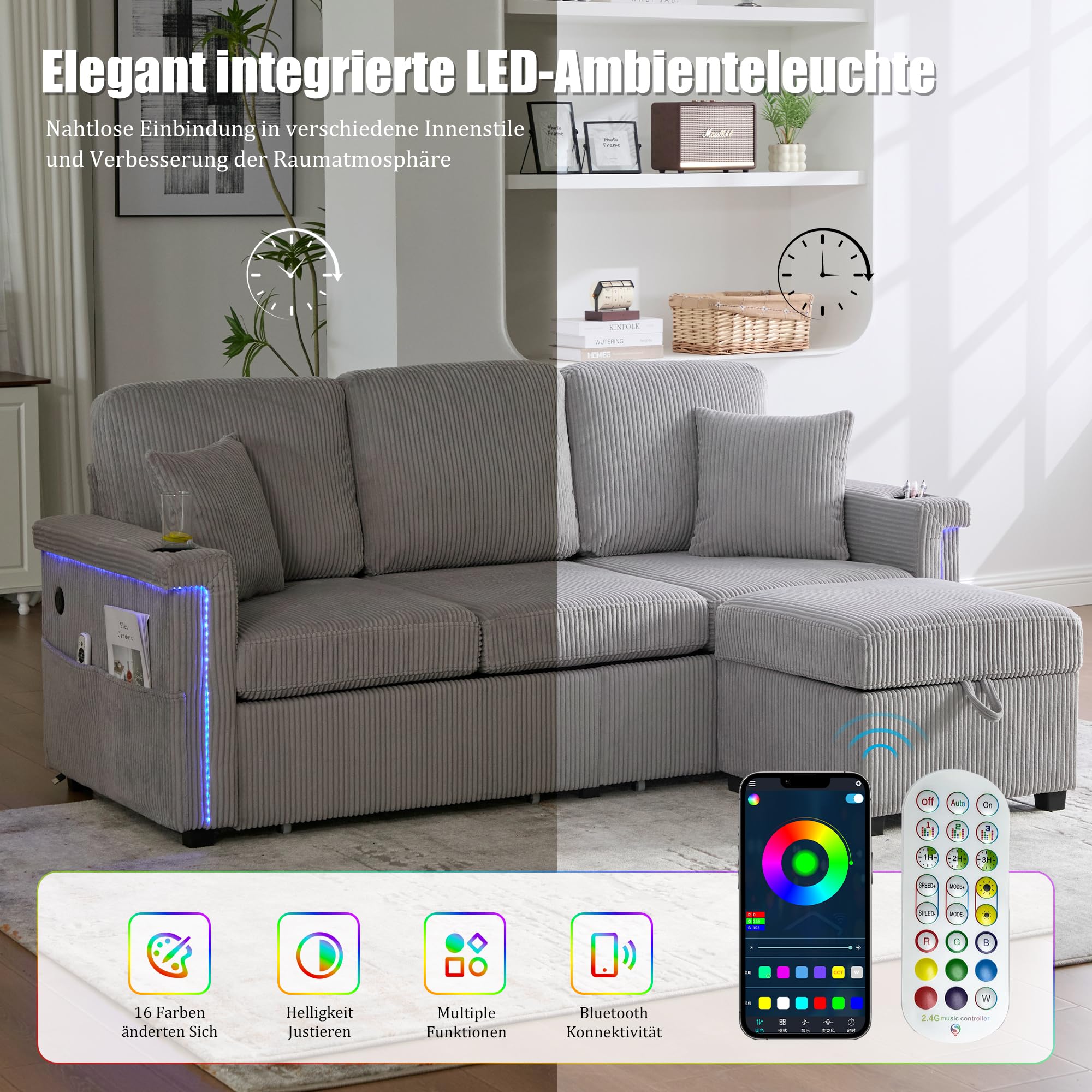 Sofá moderno de 3 a 4 plazas, reposabrazos con iluminación LED, puertos USB-C, prácticos portavasos y bolsillos laterales, reposapiés con compartimento contenedor, terciopelo, sofá modular