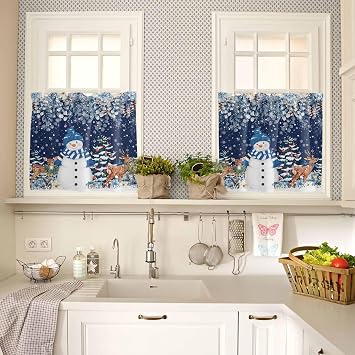 Navy Blue Christmas Snowman Kitchen Curtain 2 Panels Tiers Curtains 36 Inch Length, Eucalyptus Floral Xmas Poinsettia Elk Curtains Rod Pocket Curtains Window Drapes Treatment Window Cafe Curtains