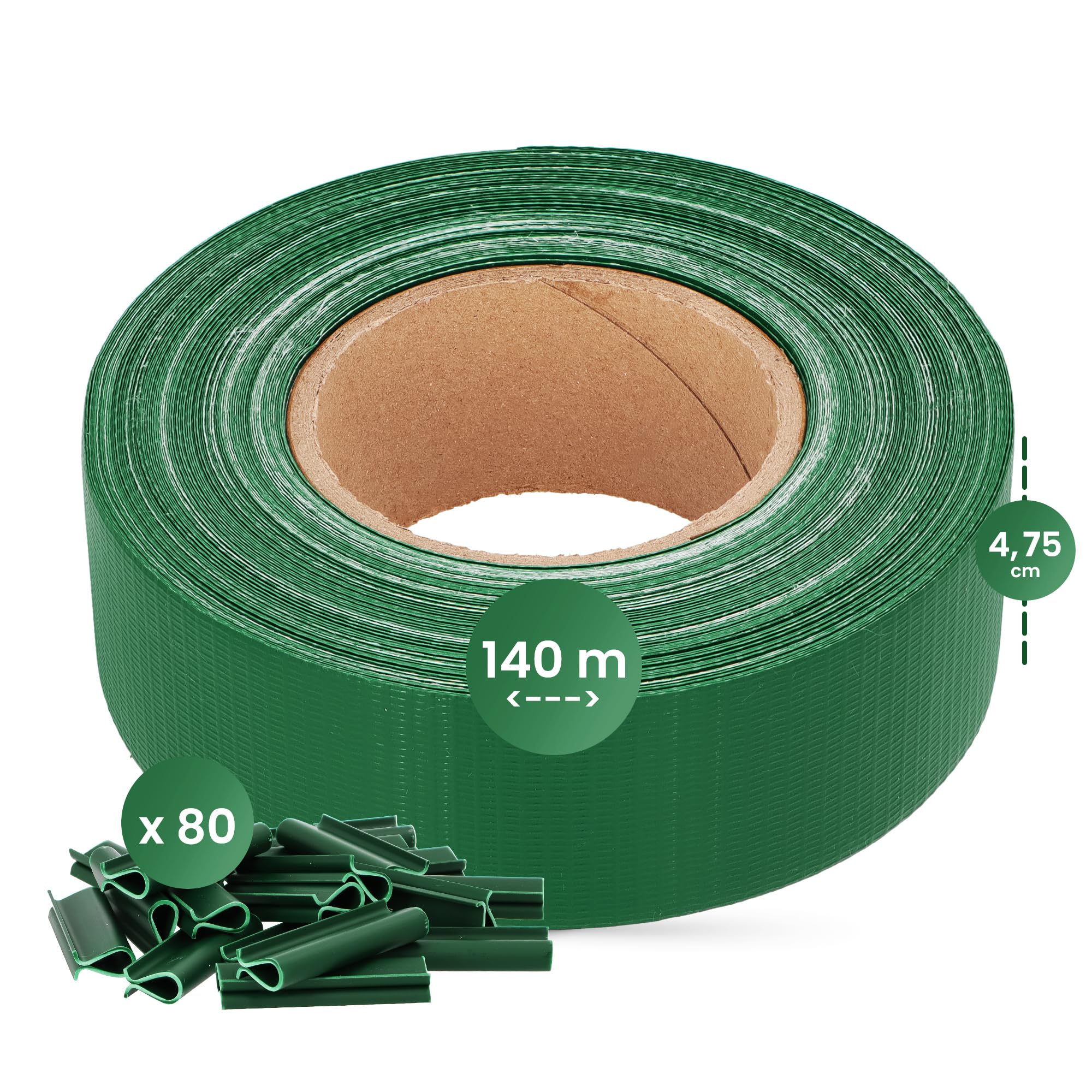 Brise-Vue Occultant 4,75 cm x 140 m Bande Film Clôture Jardin Balcon Double Fil Barreaux 80 Clips Fixation Protection Solaire Contre Vent Intempéries Rouleau