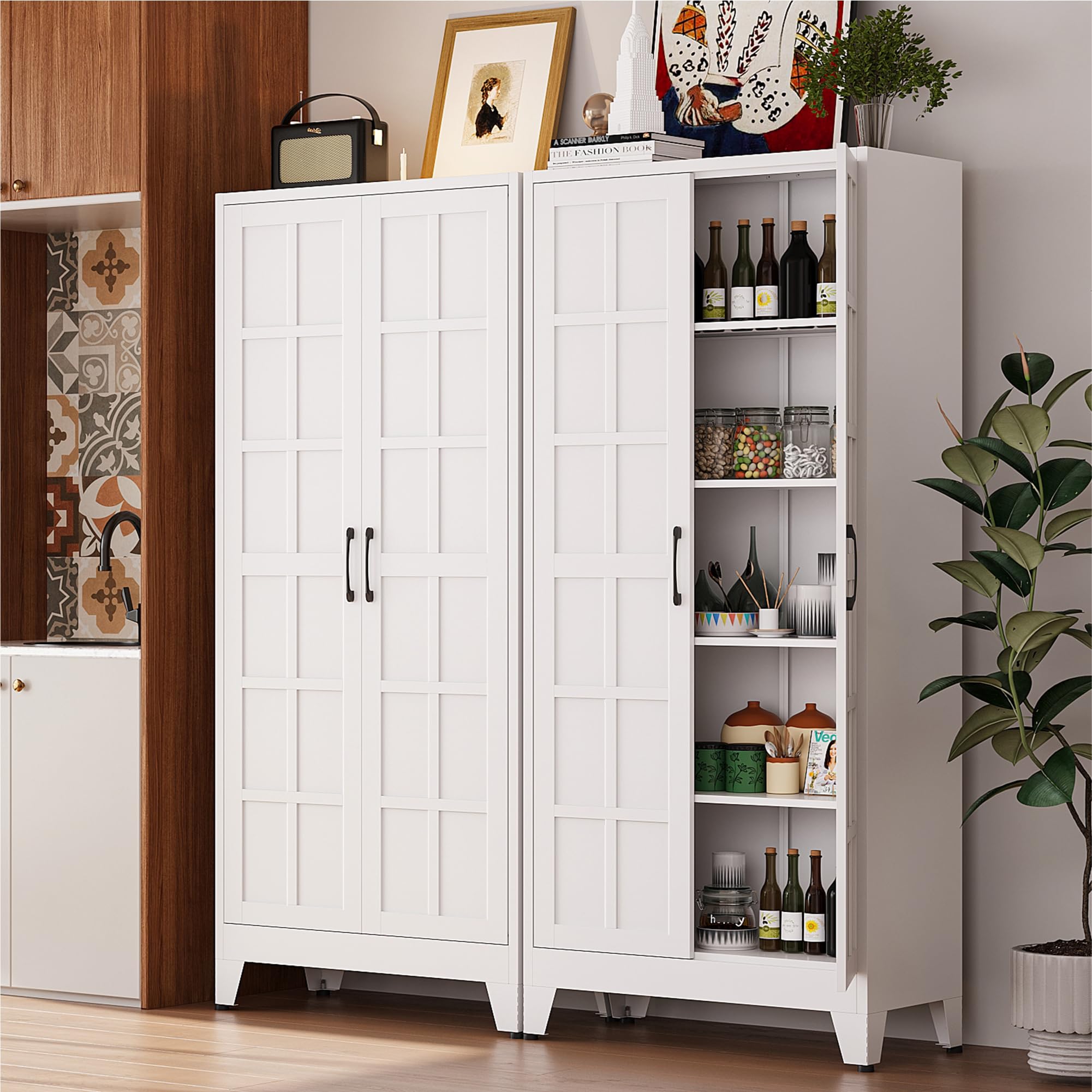 COFaR 71" White Farmhouse Pantry Cabinet with Doors and Adjustable Shelves