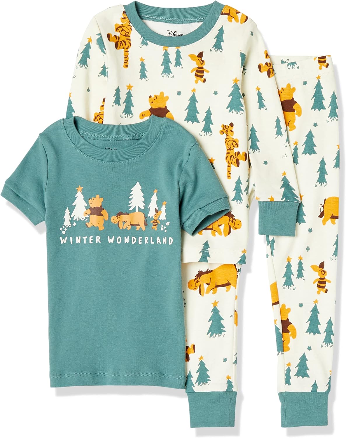 Amazon Essentials Disney | Marvel | Star Wars Baby Boys' Snug-Fit Cotton Pajama Sleepwear Sets, Pack of 3, Pooh Holiday Forest - Kids, 24 Months