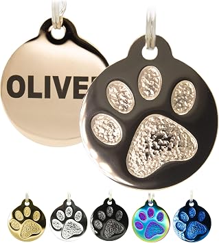 Engraved Pet Tag for Dogs and Cats - Personalized Front & Back up to 8 Lines of Text Custom Engraved ID, Round Paw Print Solid Plating Stainless Steel in 5 colors Gold, Rose Gold, Blue, Black, Nebula