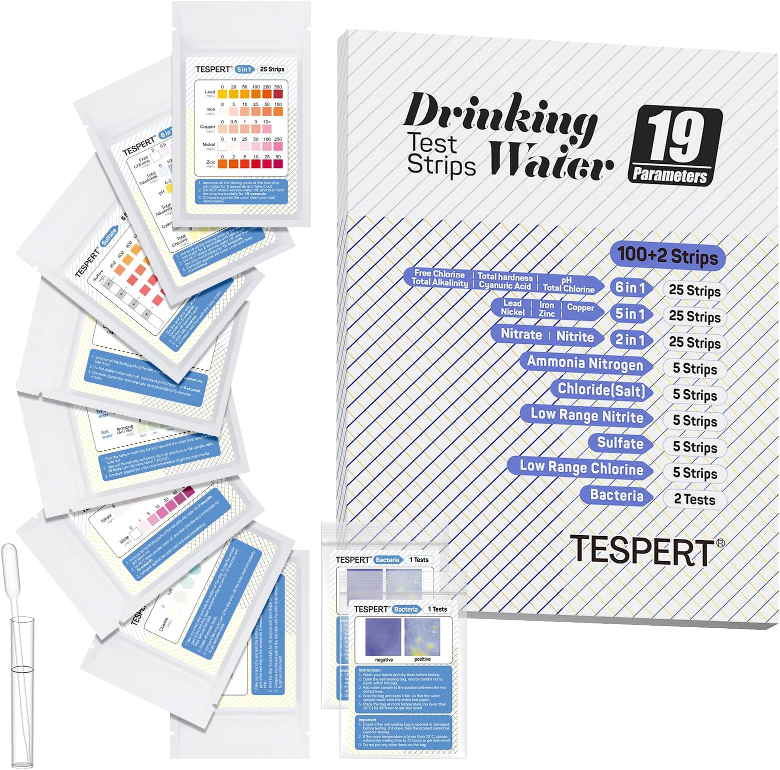 Water Testing Kit - 19 Indicators, 102 Strips - Drinking Water Test Kit with Escherichia coli, Hardness, Lead, Iron, Copper