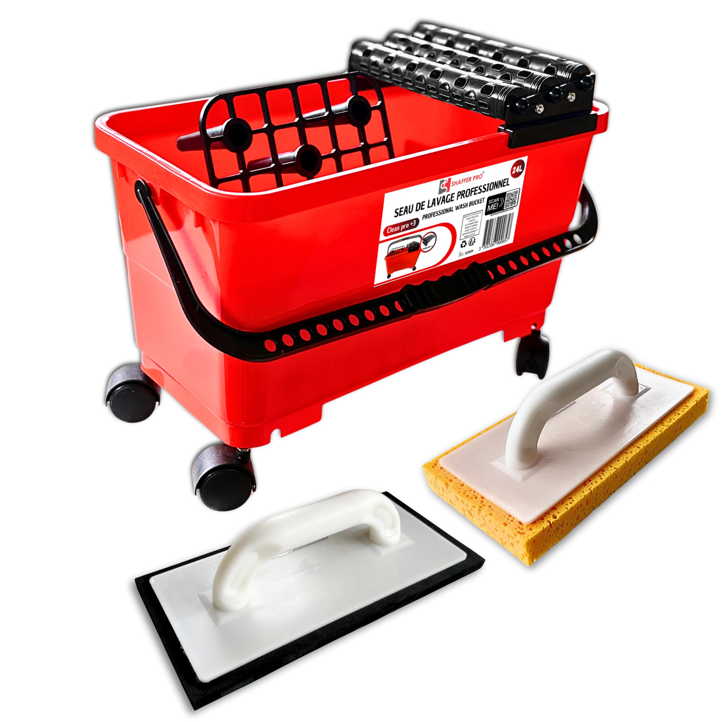 Kit Joint Carrelage Seau Clean Pro+ 24 L (3 rouleaux) + Taloche Joints + Taloche éponge – outil carreleur pour joints parfaits sol & mur, usage pro & bricolage